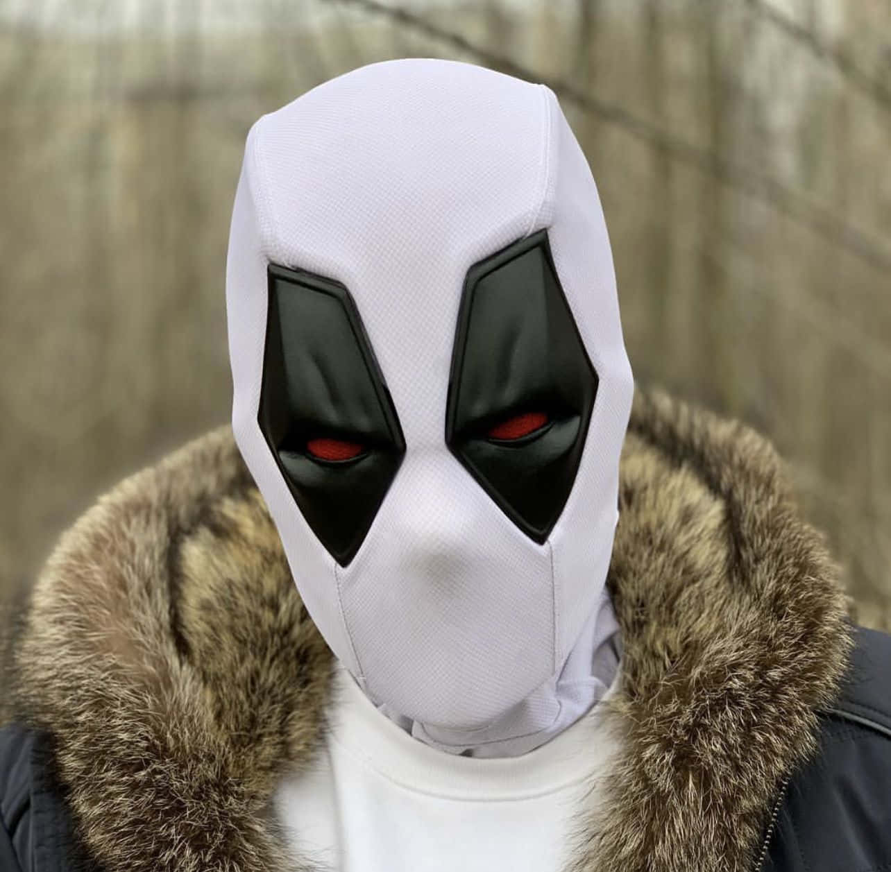 Deadpool mask, white Deadpool mask, glowing red eyes, HD Desktop Wallpaper