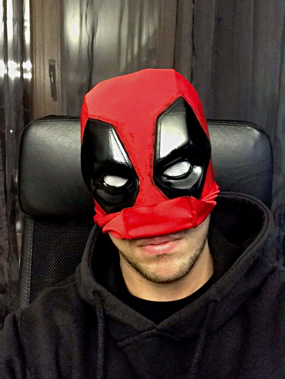 Deadpool mask, red and black, black office chair, SD Phone Wallpaper