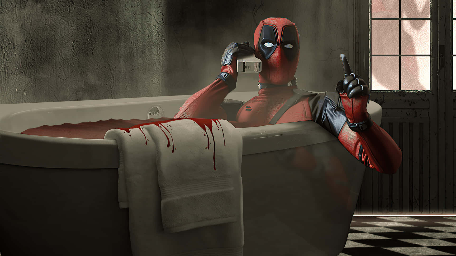 Deadpool, blood-filled bathtub, towel dripping red, Full HD Desktop Wallpaper