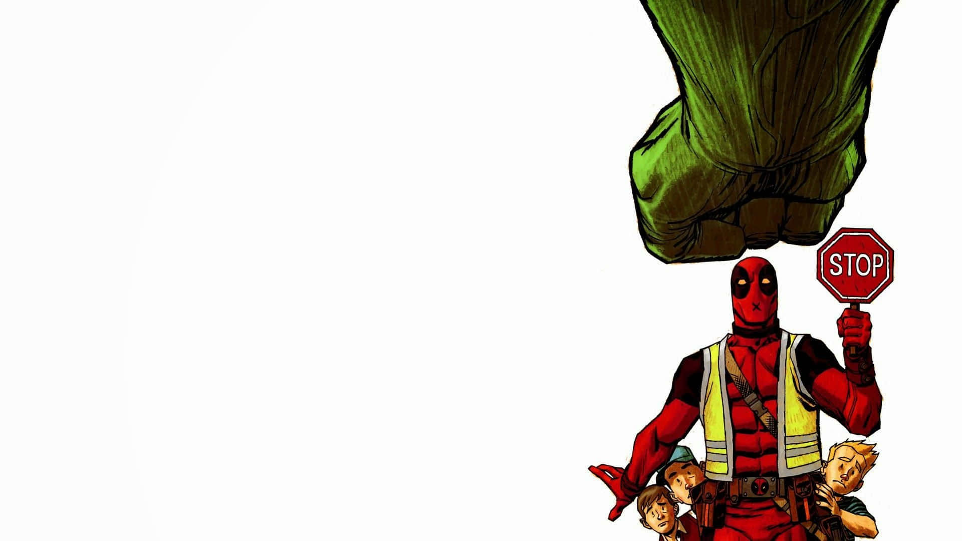 Deadpool, yellow safety vest, stop sign, Full HD Desktop Wallpaper