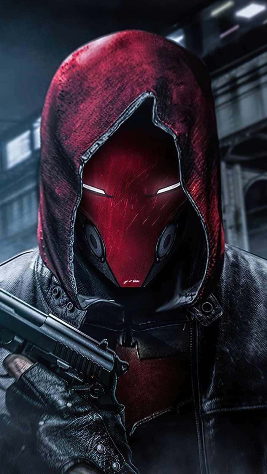 Deadpool Mask, red hooded figure, black leather jacket, HD Phone Wallpaper