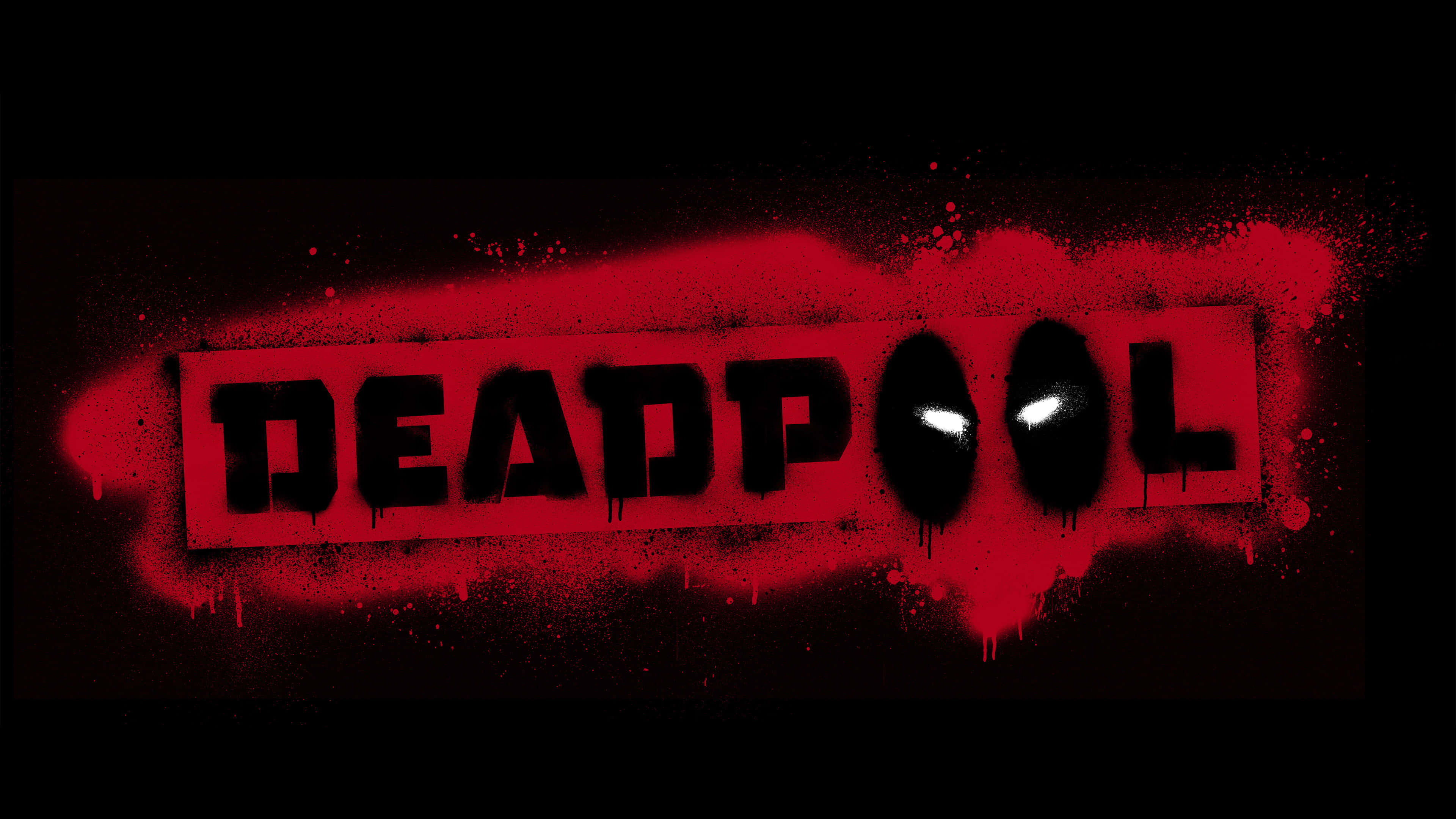 Deadpool, black letters, glowing white eyes, 4K Desktop Wallpaper