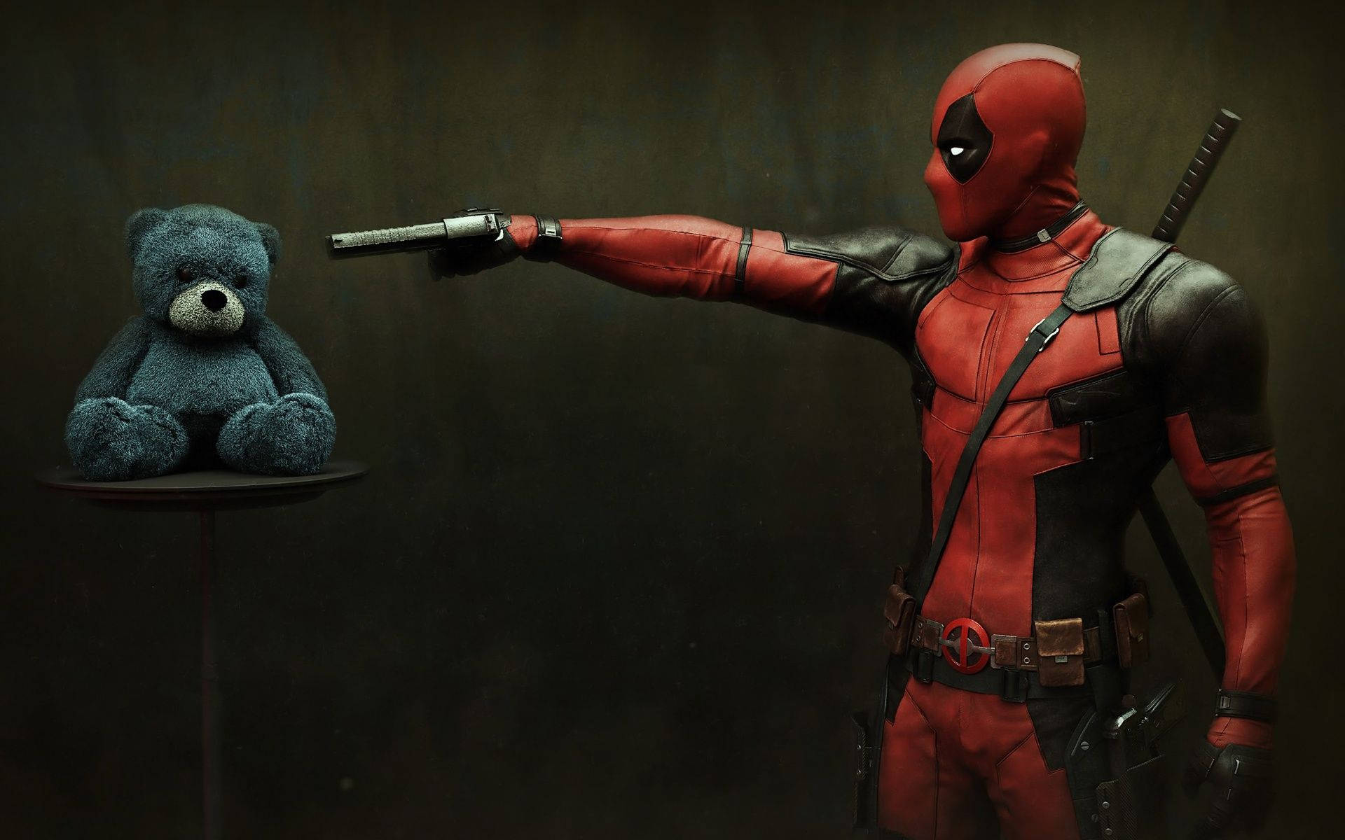 Deadpool, red and black suit, pistol, Full HD Desktop Wallpaper