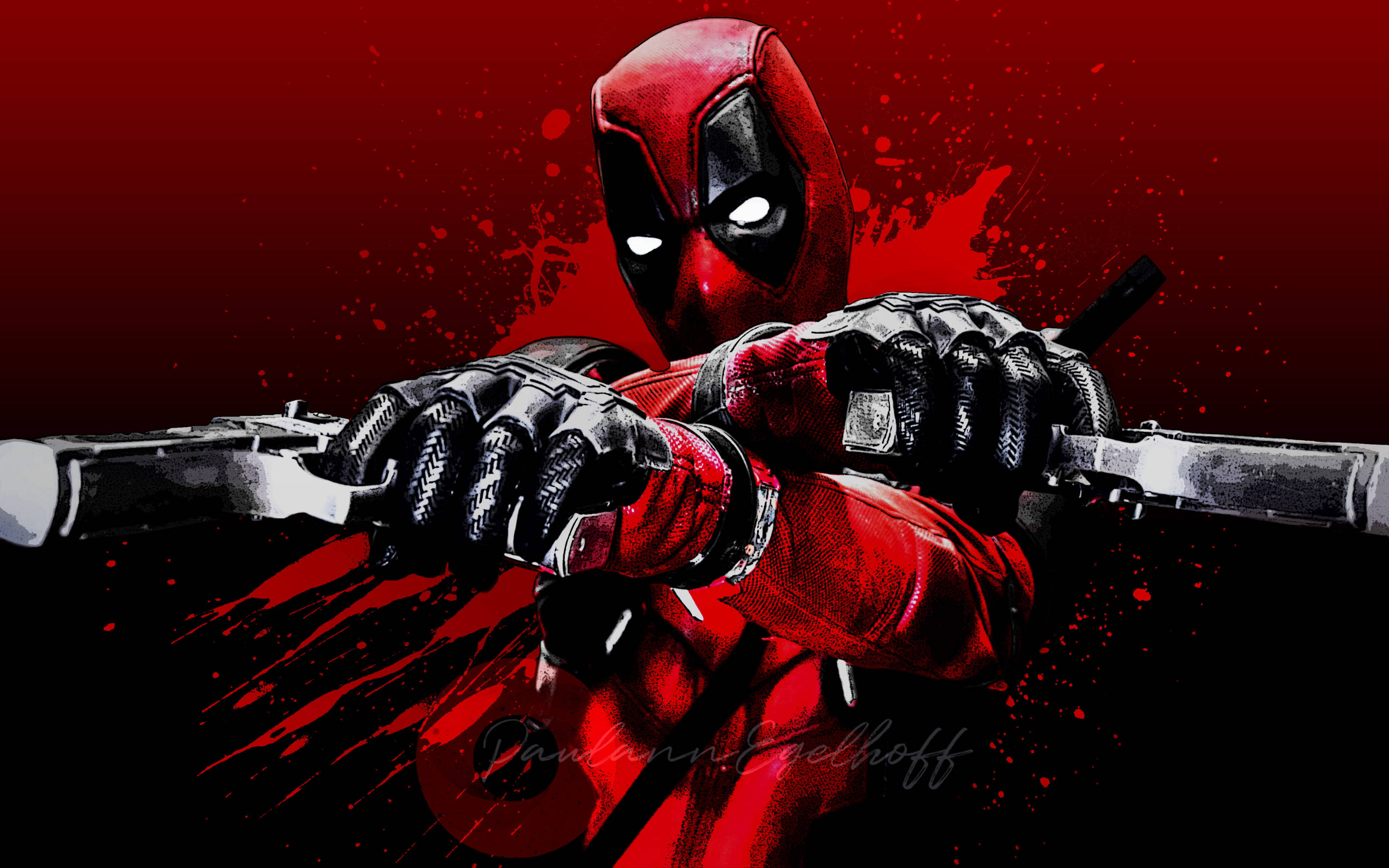 Deadpool, red suit, dual katanas, 2K Desktop Wallpaper