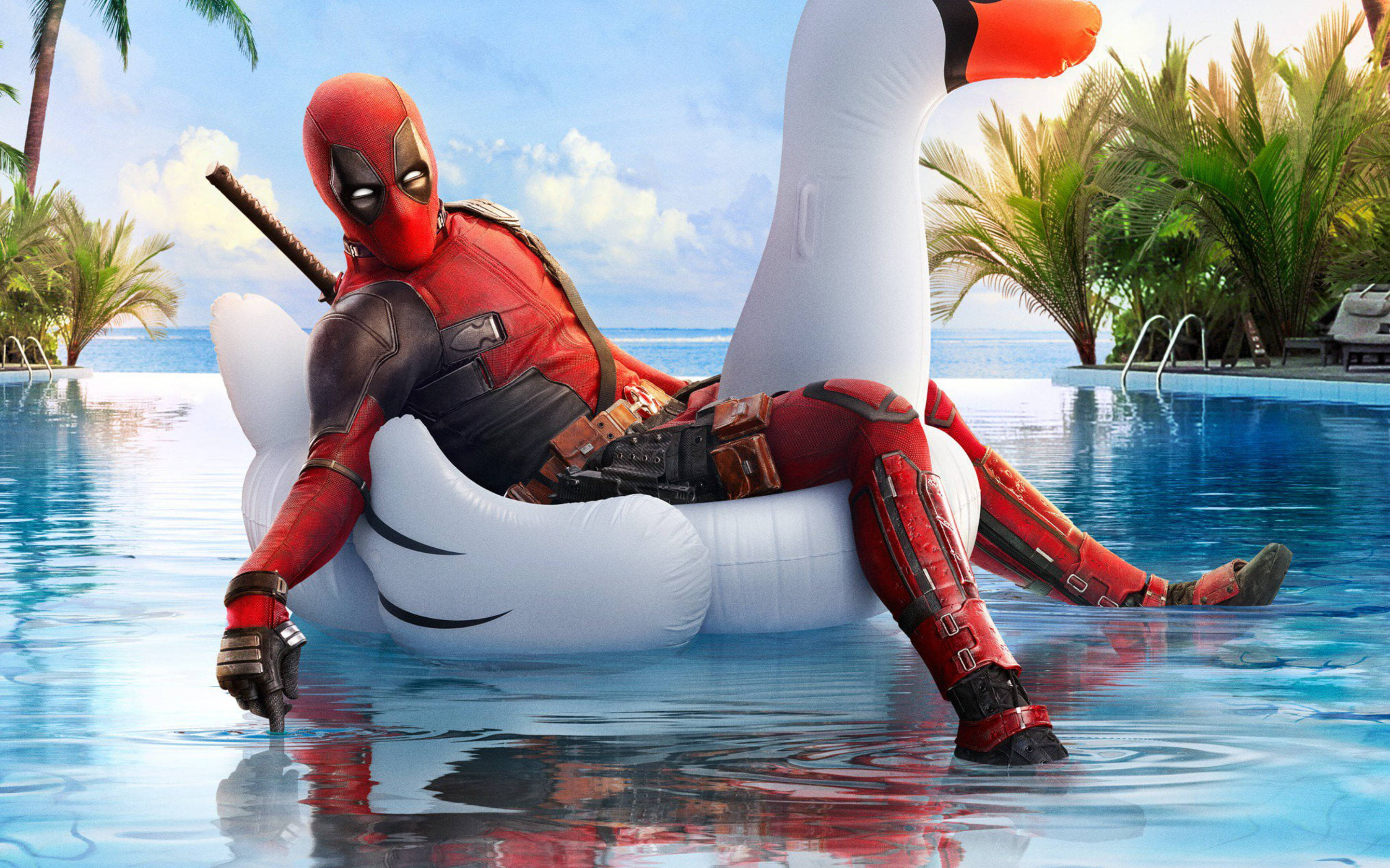 Deadpool, swan float, tropical pool, 2K Desktop Wallpaper