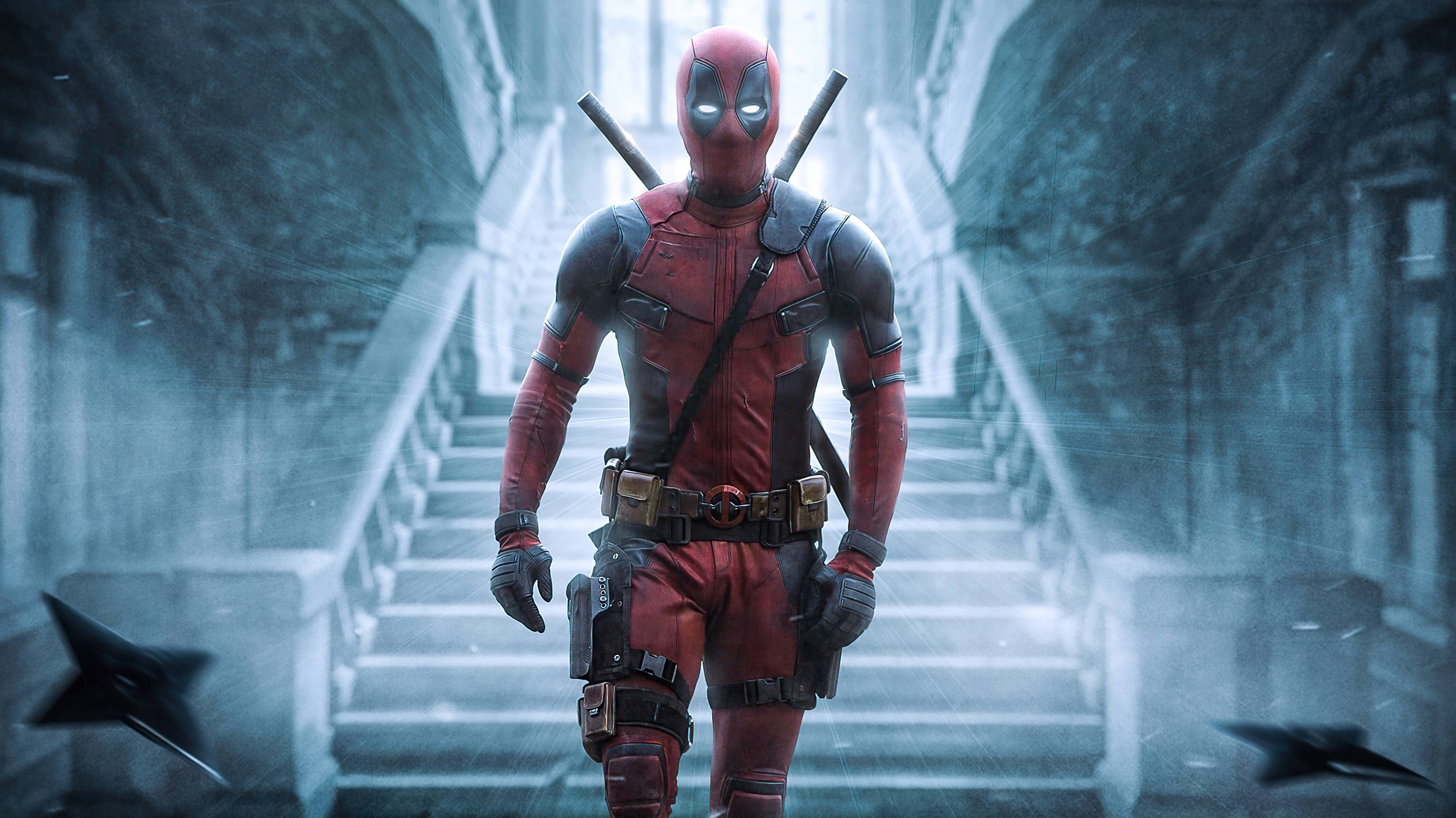 Deadpool, stone stairs, misty urban alleyway, 5K Desktop Wallpaper