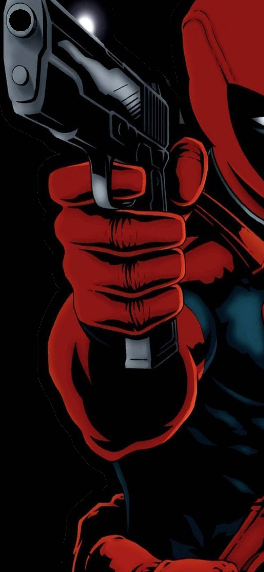 Deadpool, red gloved hand, silver pistol, Full HD Phone Wallpaper
