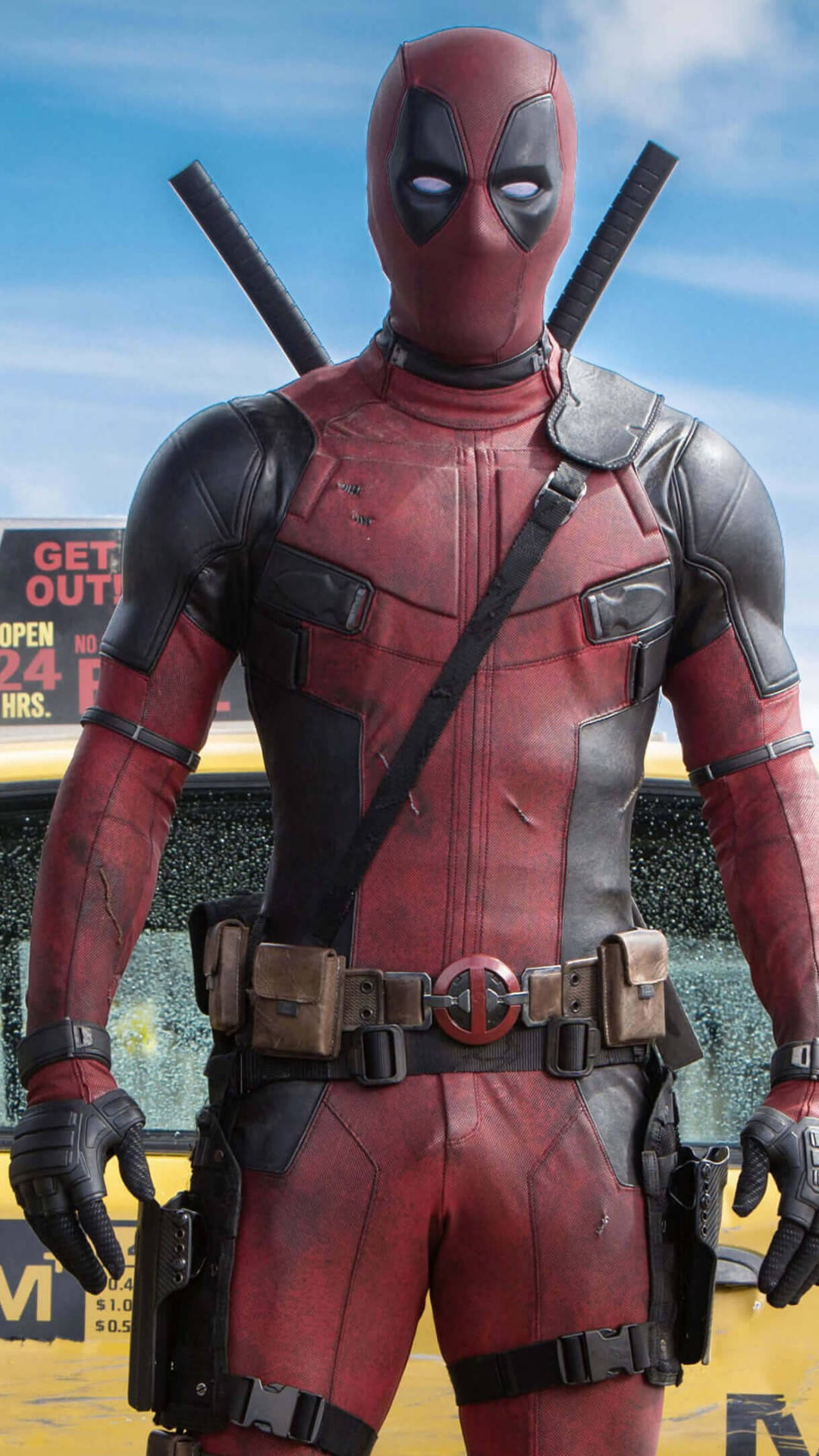 Deadpool, red and black suit, dual katanas, Full HD Phone Wallpaper