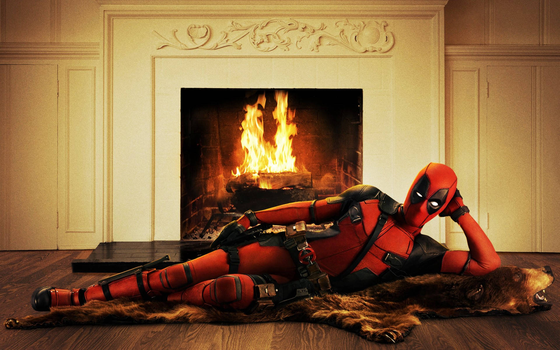 Deadpool, fireplace, bear pelt, Full HD Desktop Wallpaper