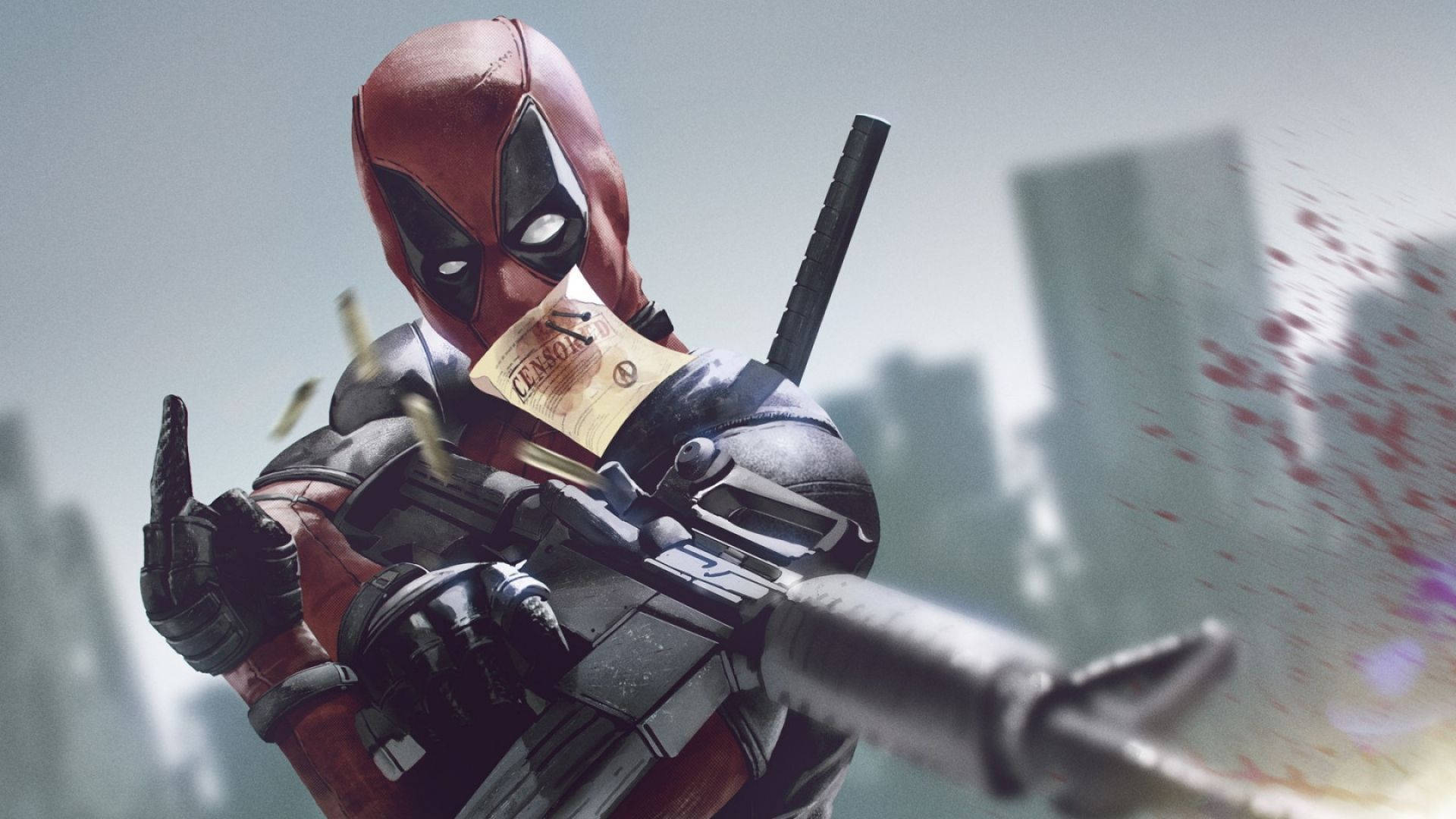 Deadpool, red and black suit, rifle, Full HD Desktop Wallpaper