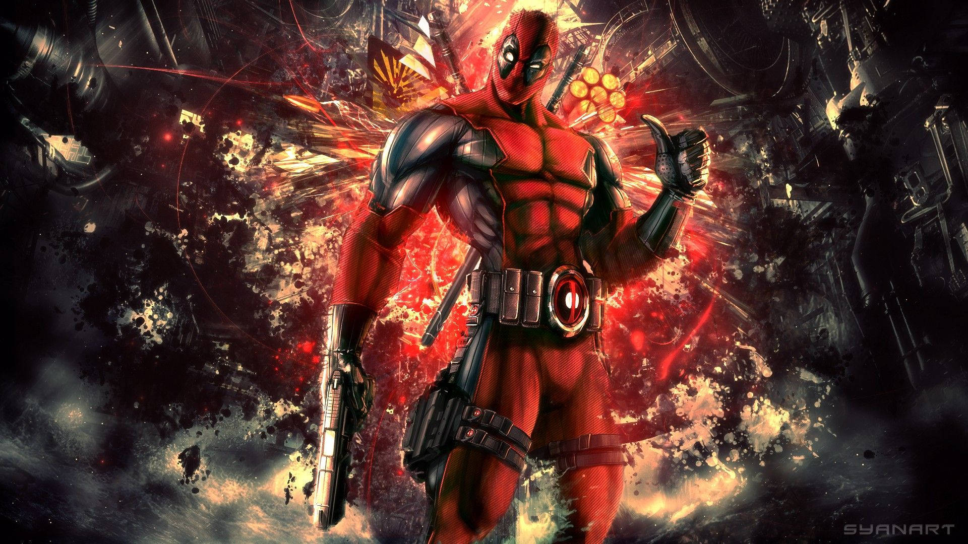 Deadpool, red and black energy, guns, Full HD Desktop Wallpaper