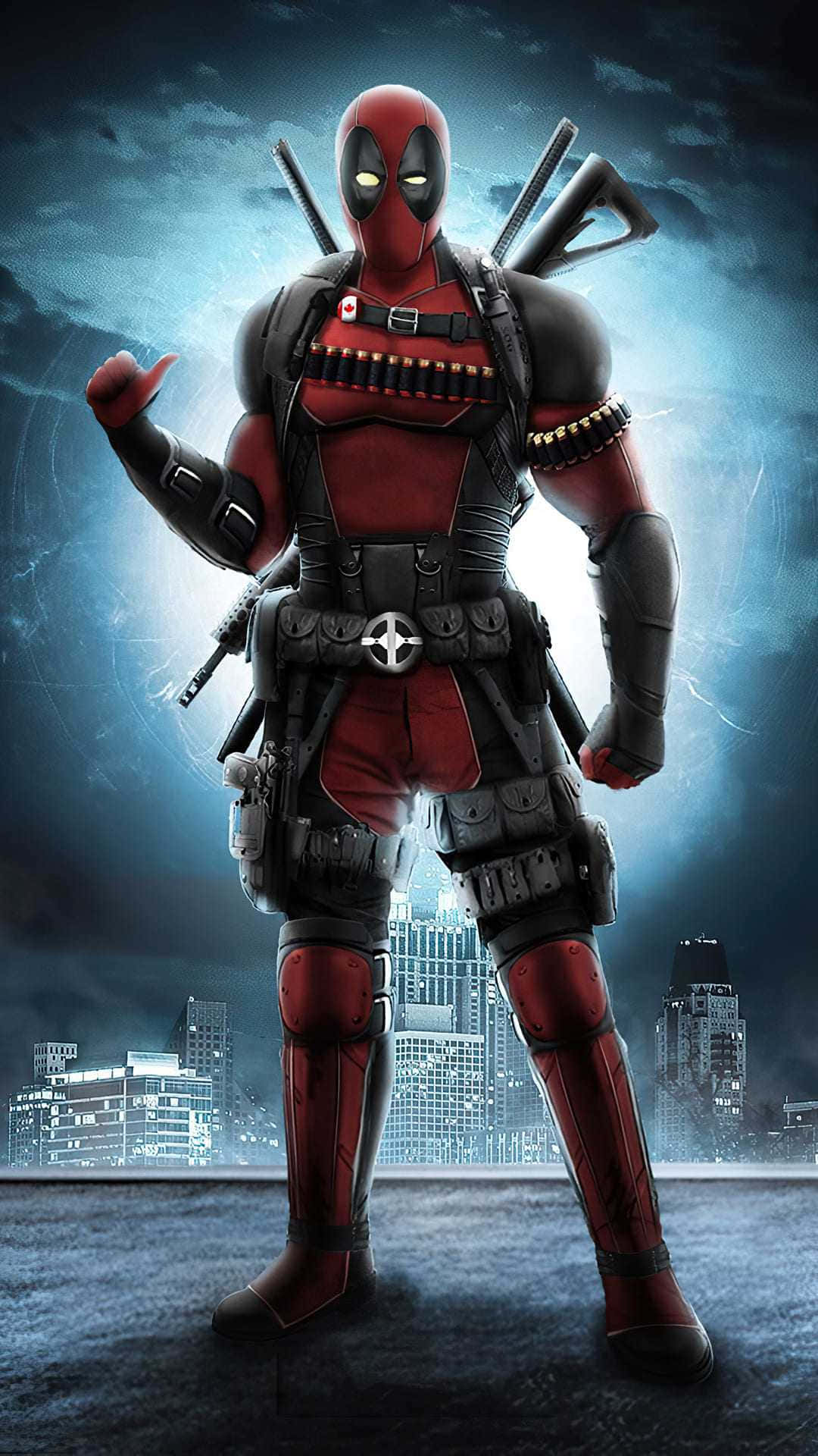 Deadpool, rooftop, stormy city skyline, Full HD Phone Wallpaper