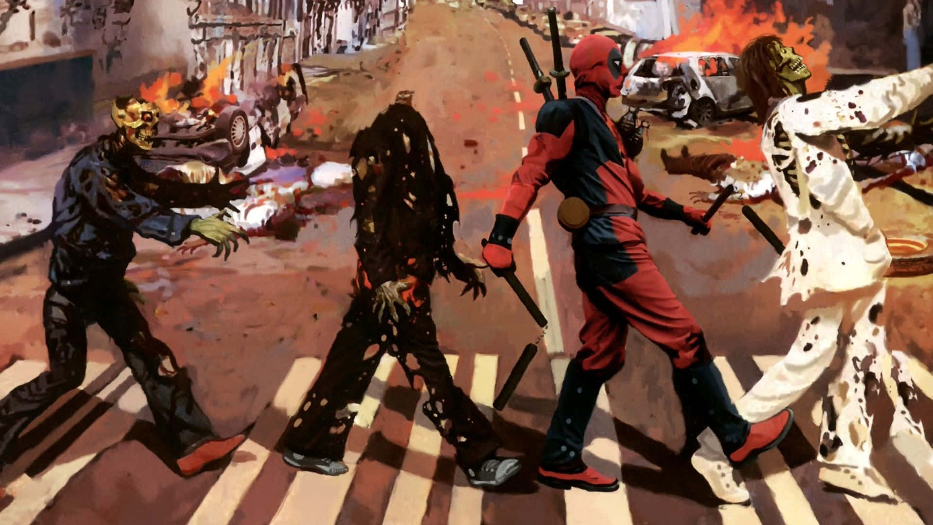 Deadpool, zombies, burning urban street, Full HD Desktop Wallpaper
