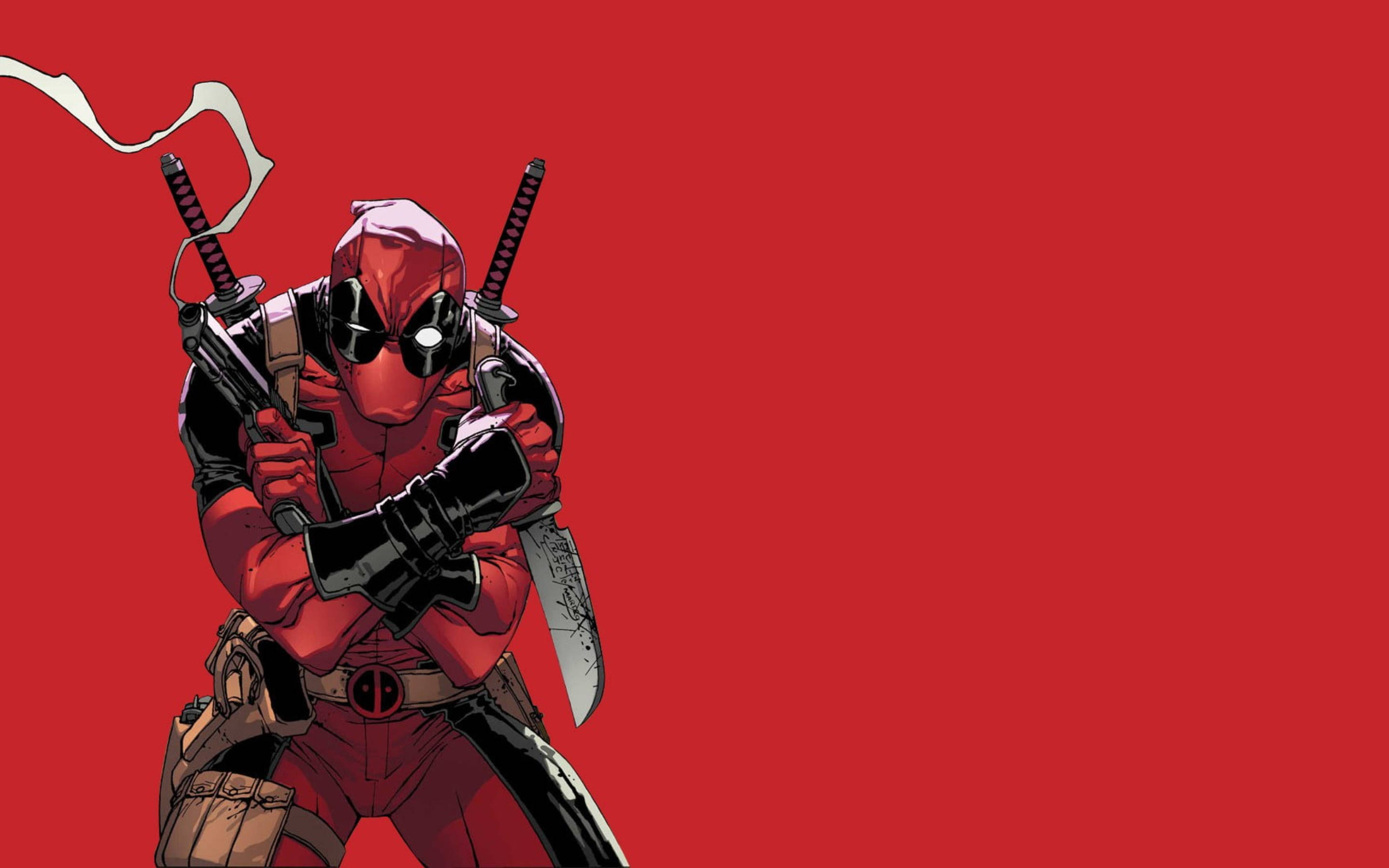 Deadpool, dual katanas, bold red background, 2K Desktop Wallpaper