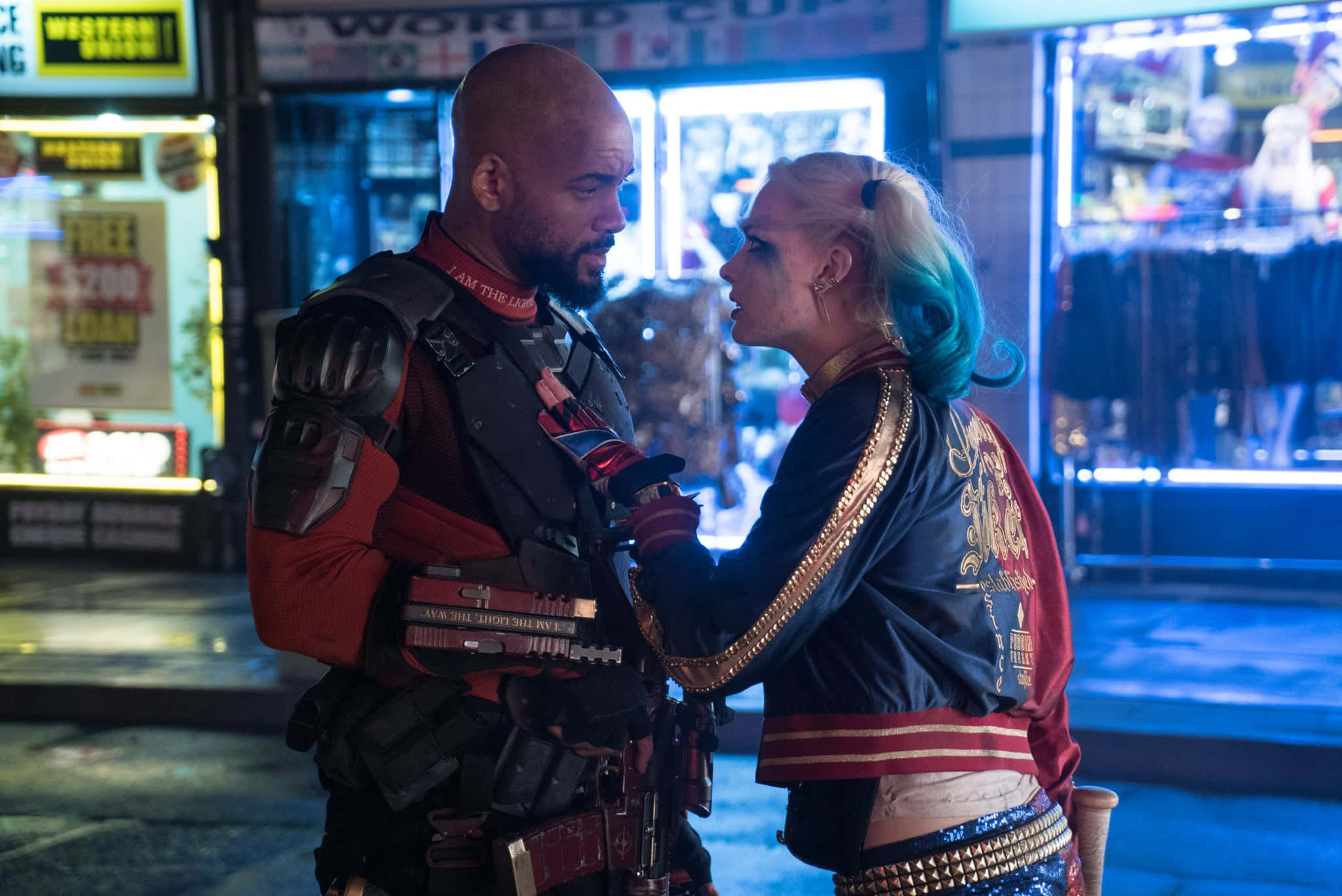 Deadshot, Harley Quinn, neon-lit urban alley, Full HD Desktop Wallpaper