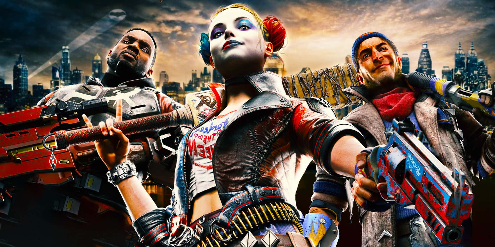 Deadshot, Harley Quinn, dystopian city skyline, Full HD Desktop Wallpaper