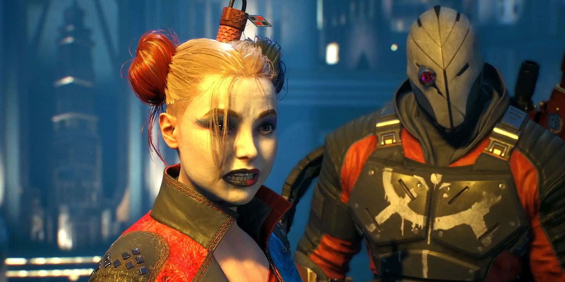 Deadshot, Harley Quinn, neon-lit futuristic cityscape, HD Desktop Wallpaper