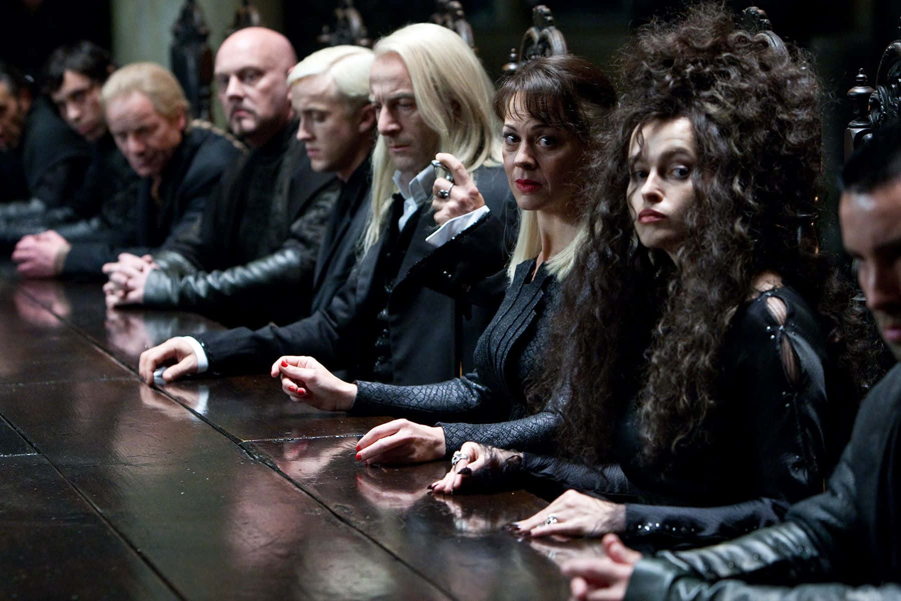 Death Eaters, long polished table, dimly lit room, HD Desktop Wallpaper