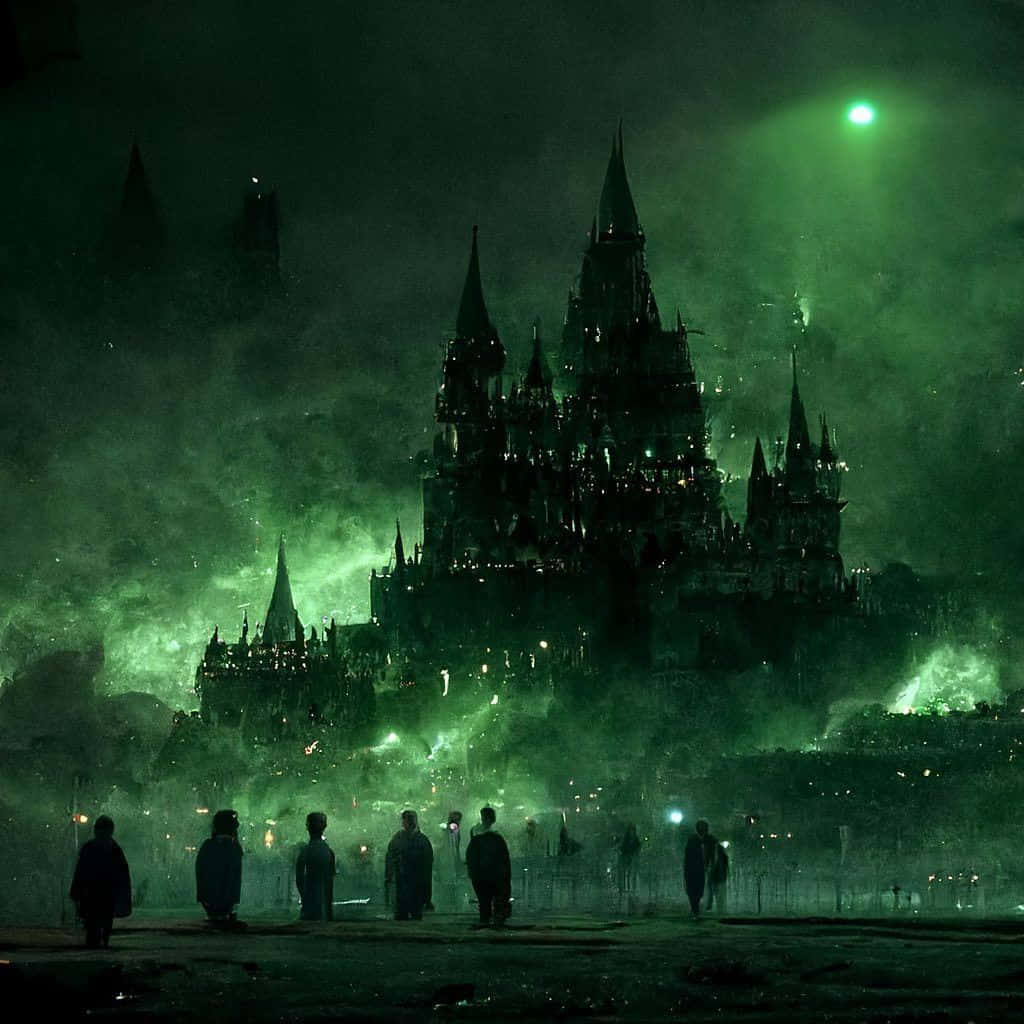 Death Eaters, gothic castle, eerie green mist, SD Desktop Wallpaper