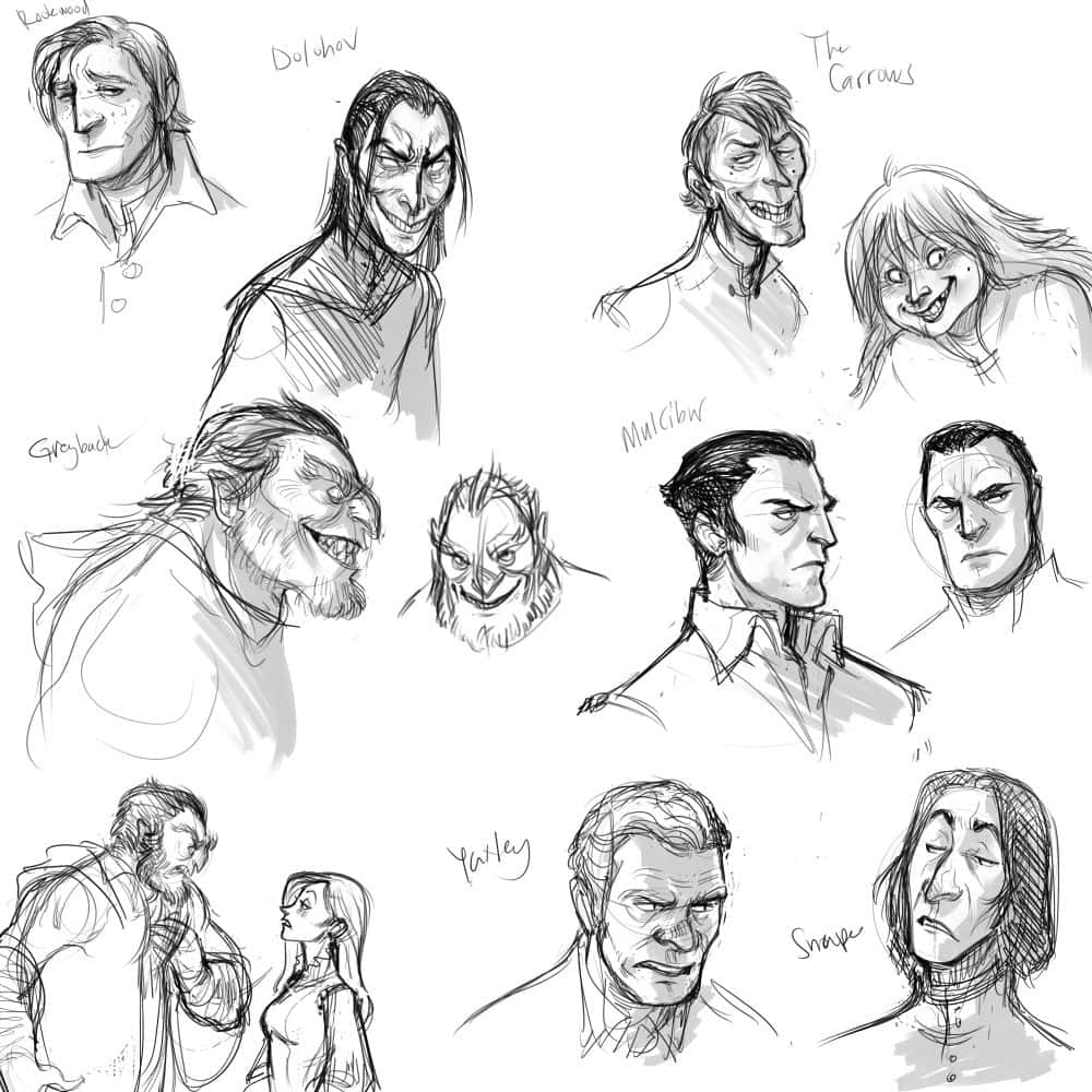 Death Eaters, black and white pencil, character sketches, SD Desktop Wallpaper