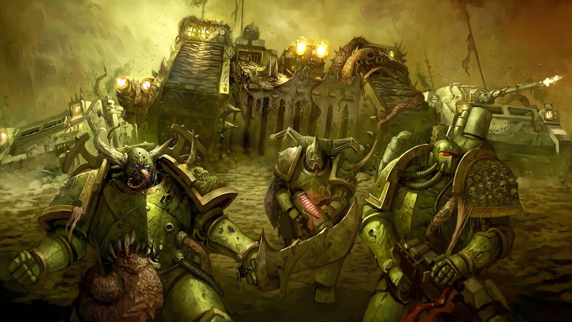 Death Guard, Ghastly green armored warriors, war-torn battlefield, Full HD Desktop Wallpaper