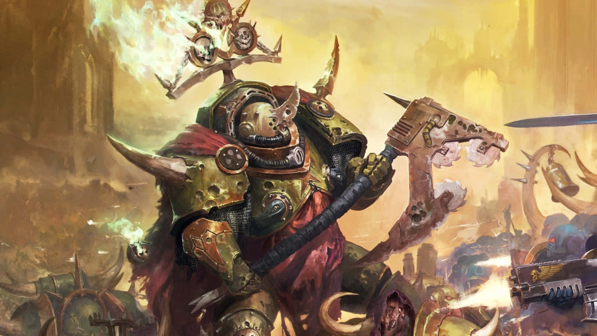 Death Guard, chaos warriors, glowing skull helmet, Full HD Desktop Wallpaper