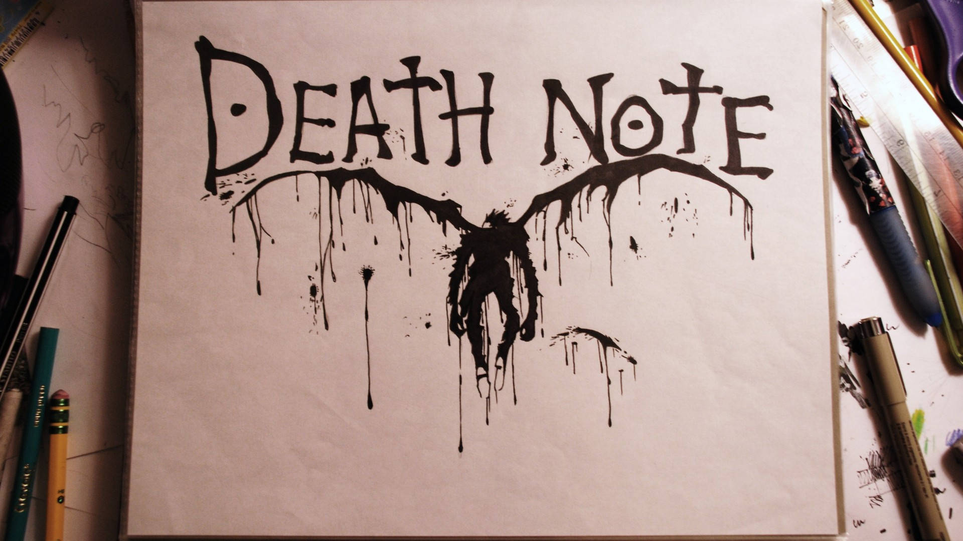 Death Note, dripping black ink, parchment paper, Full HD Desktop Wallpaper