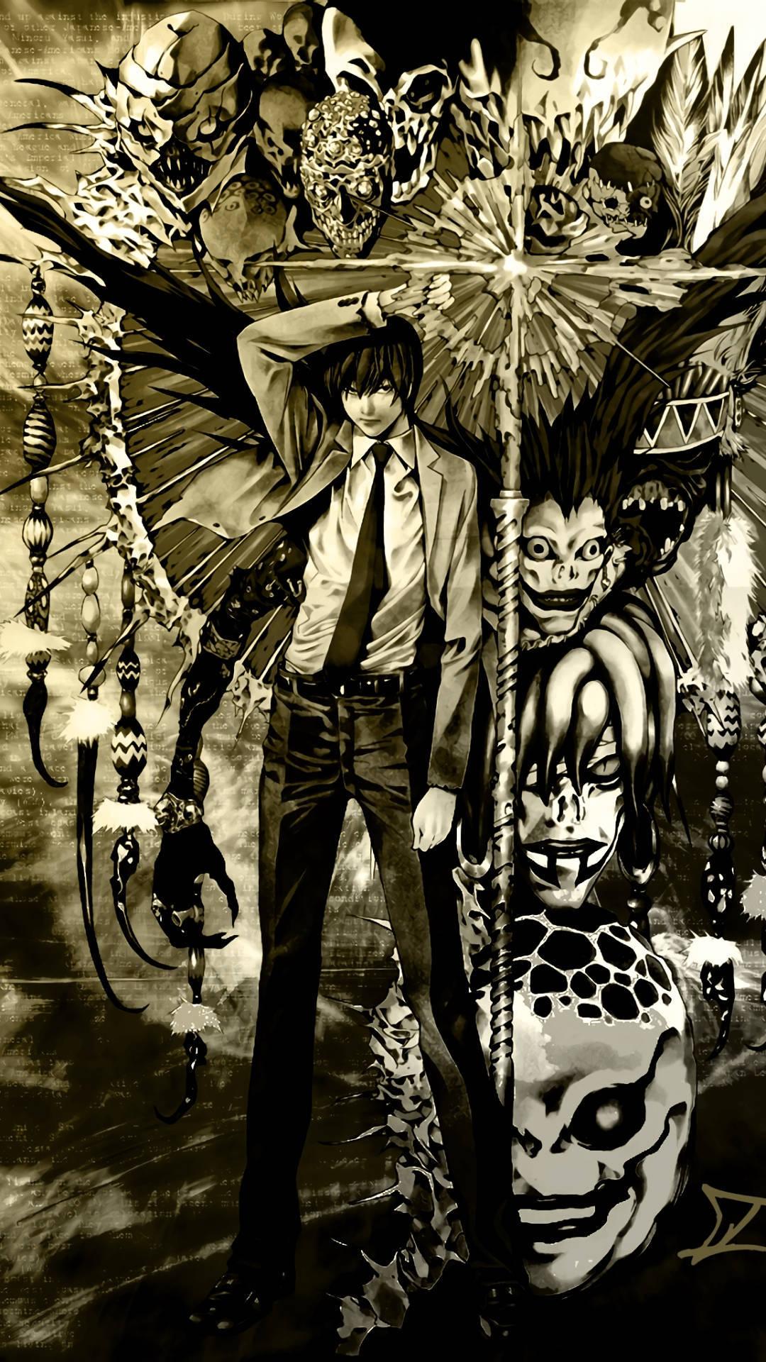 Death Note Aesthetic, young man in a suit, grotesque demonic figures, Full HD Phone Wallpaper