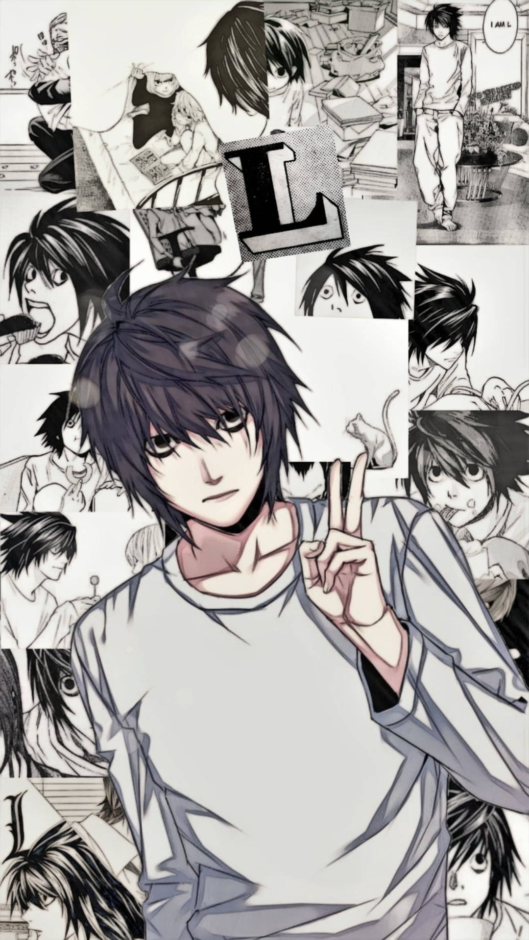 L, Death Note, black and white anime collage, HD Phone Wallpaper