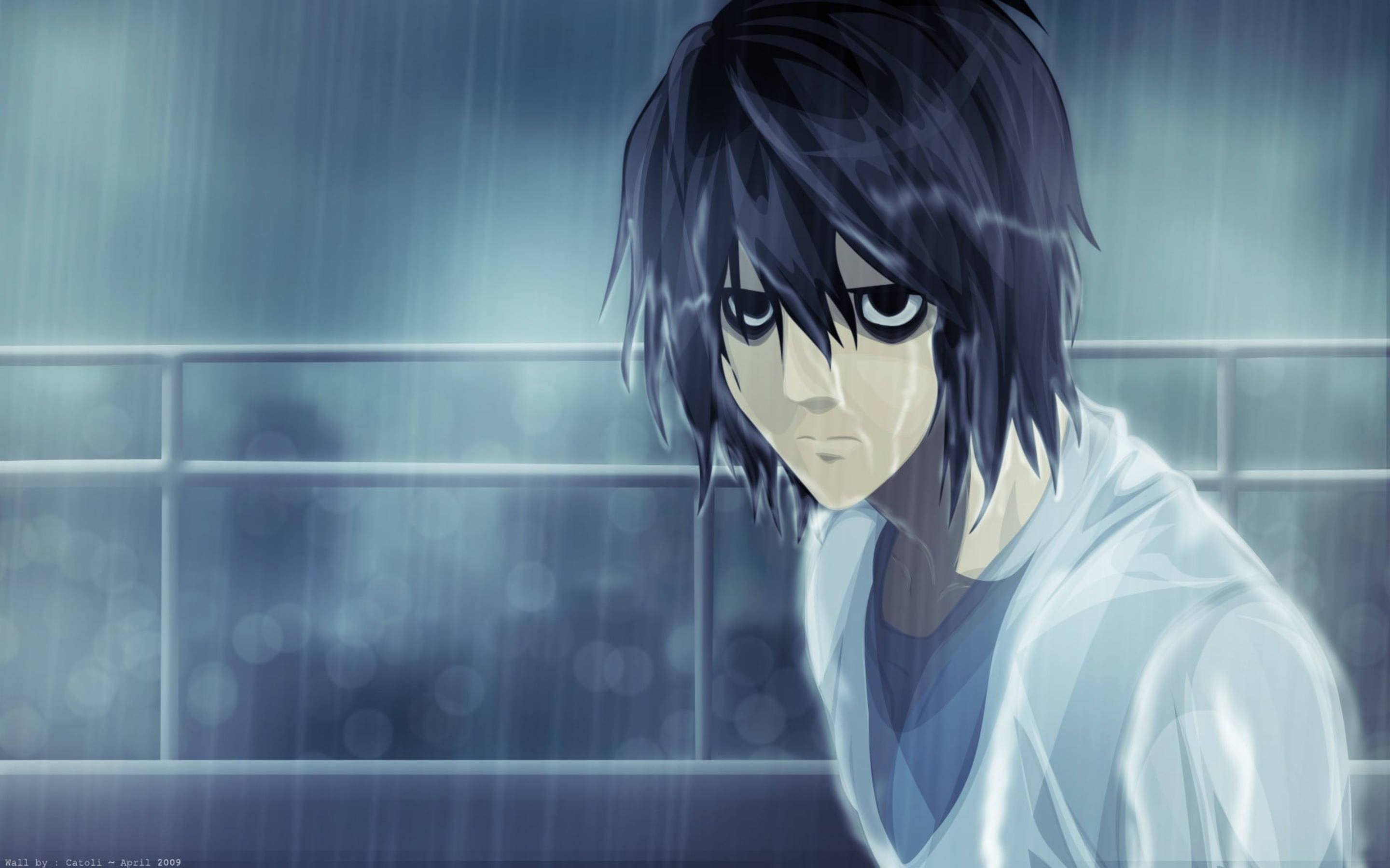 Death Note L, rainy, blue-toned urban setting, 2K Desktop Wallpaper