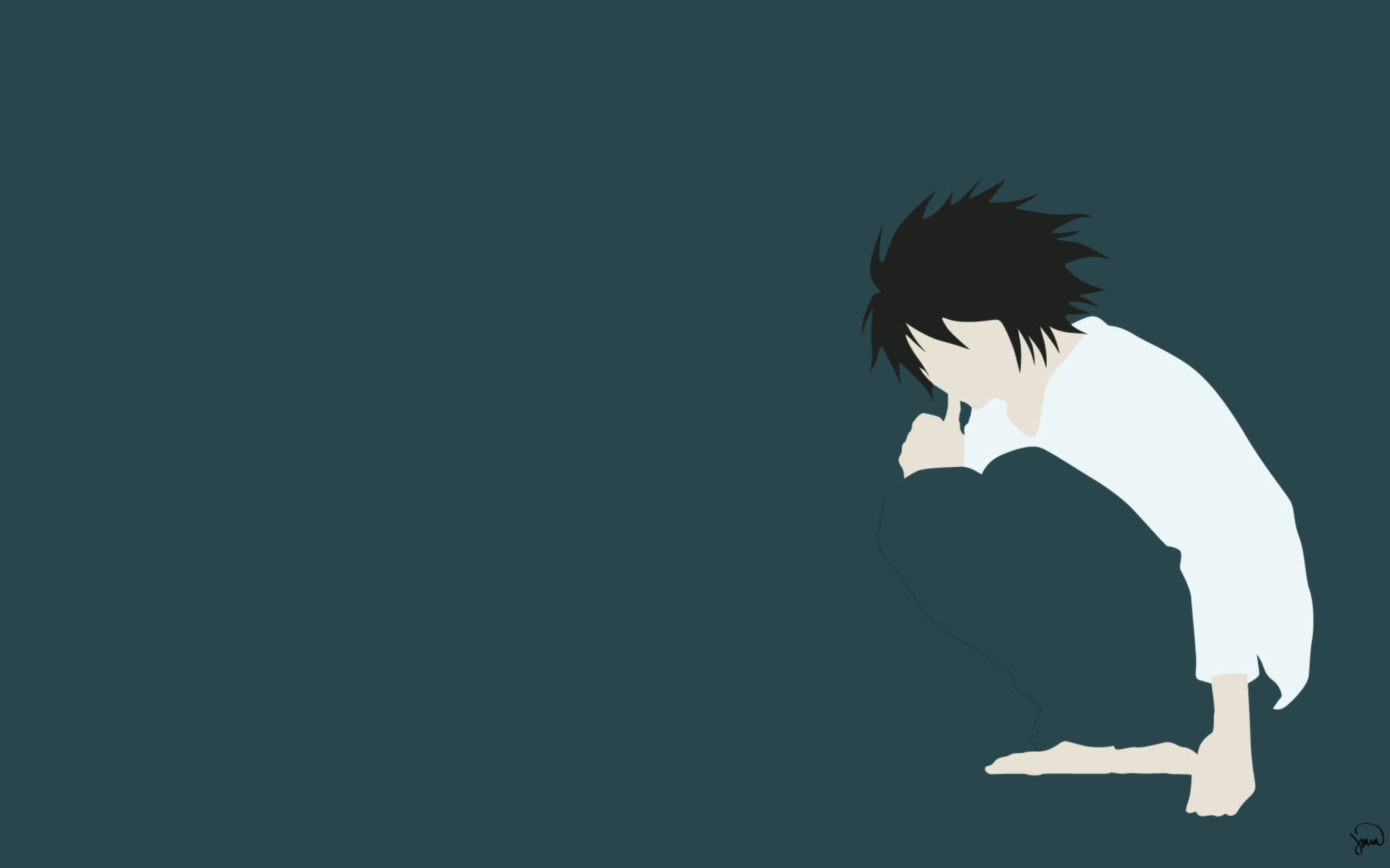 Death Note L, spiky black hair, minimalist anime-style figure, 2K Desktop Wallpaper