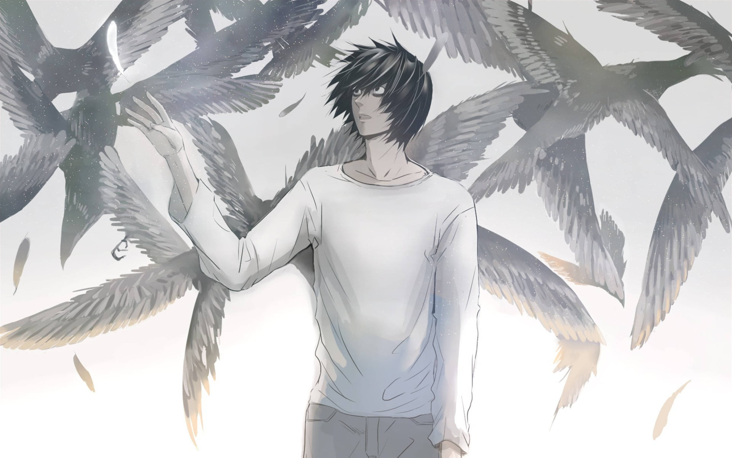 Death Note L, spiky black hair, flock of gray birds, 2K Desktop Wallpaper