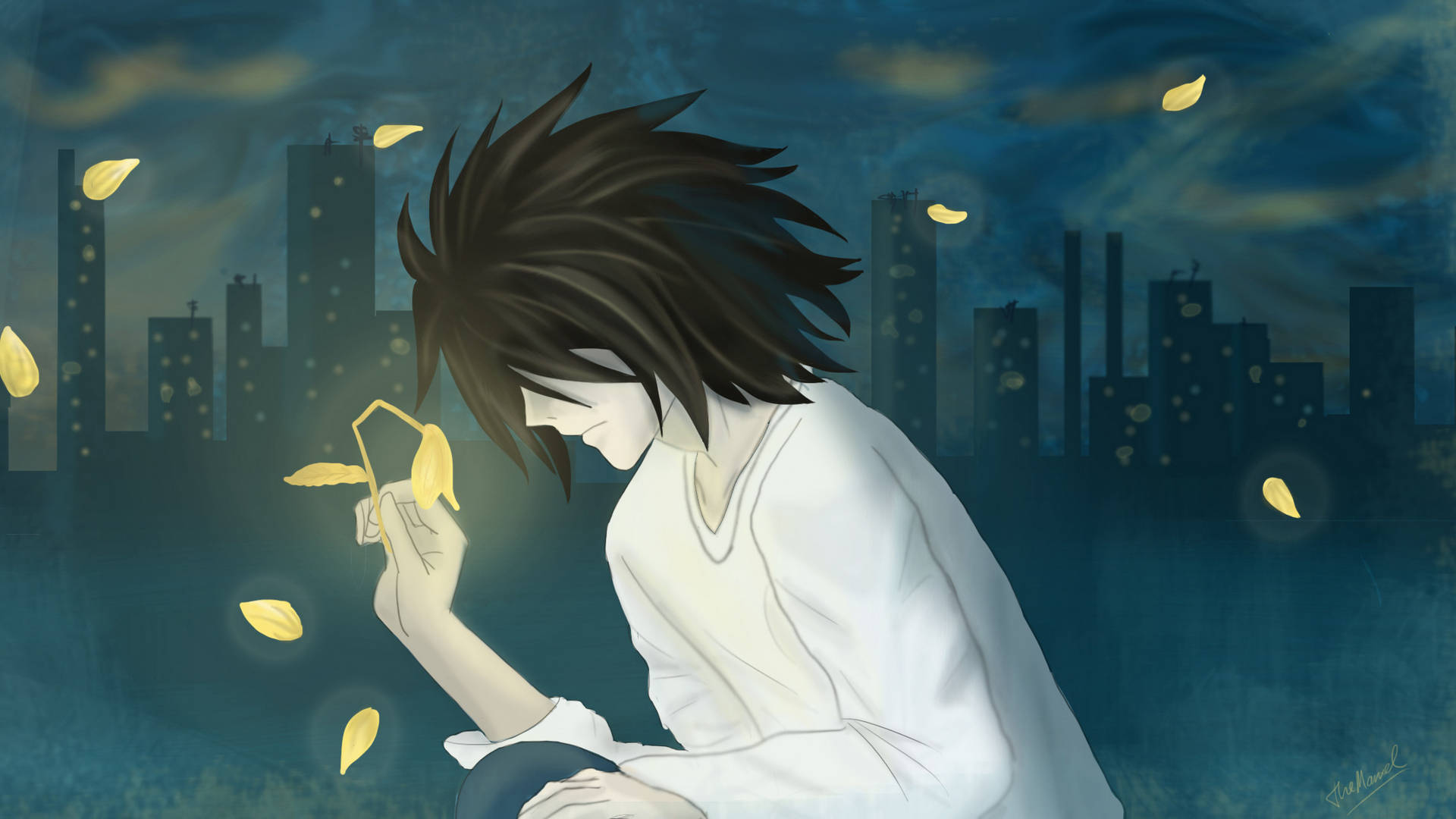 Death Note, L, glowing yellow leaves, Full HD Desktop Wallpaper