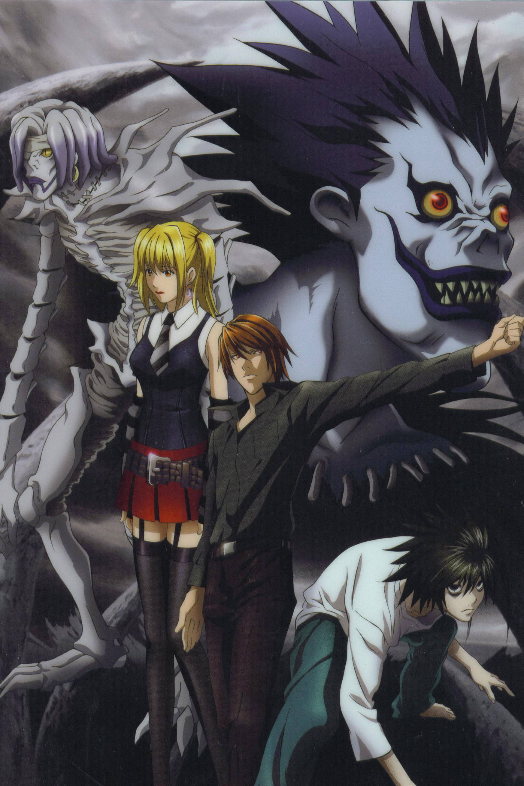 Death Note, lead characters, giant menacing skull-faced monster, 2K Phone Wallpaper
