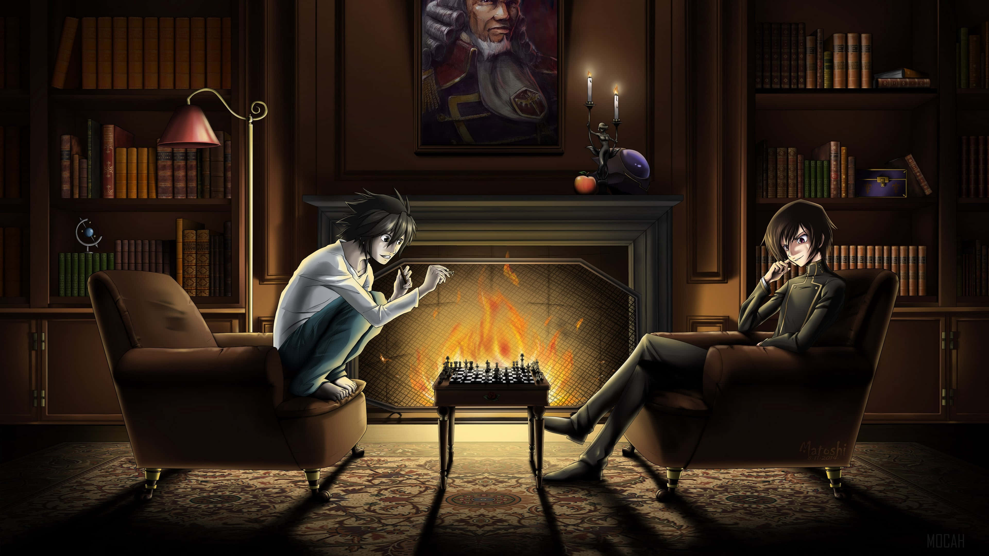 Death Note, chess, fireplace, 4K Desktop Wallpaper