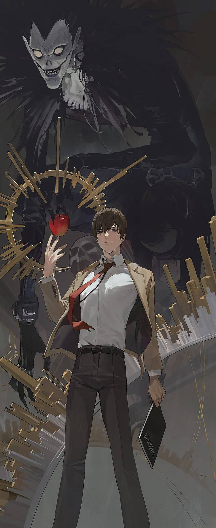 Death Note, red apple, shadowy skeletal figure, HD Phone Wallpaper