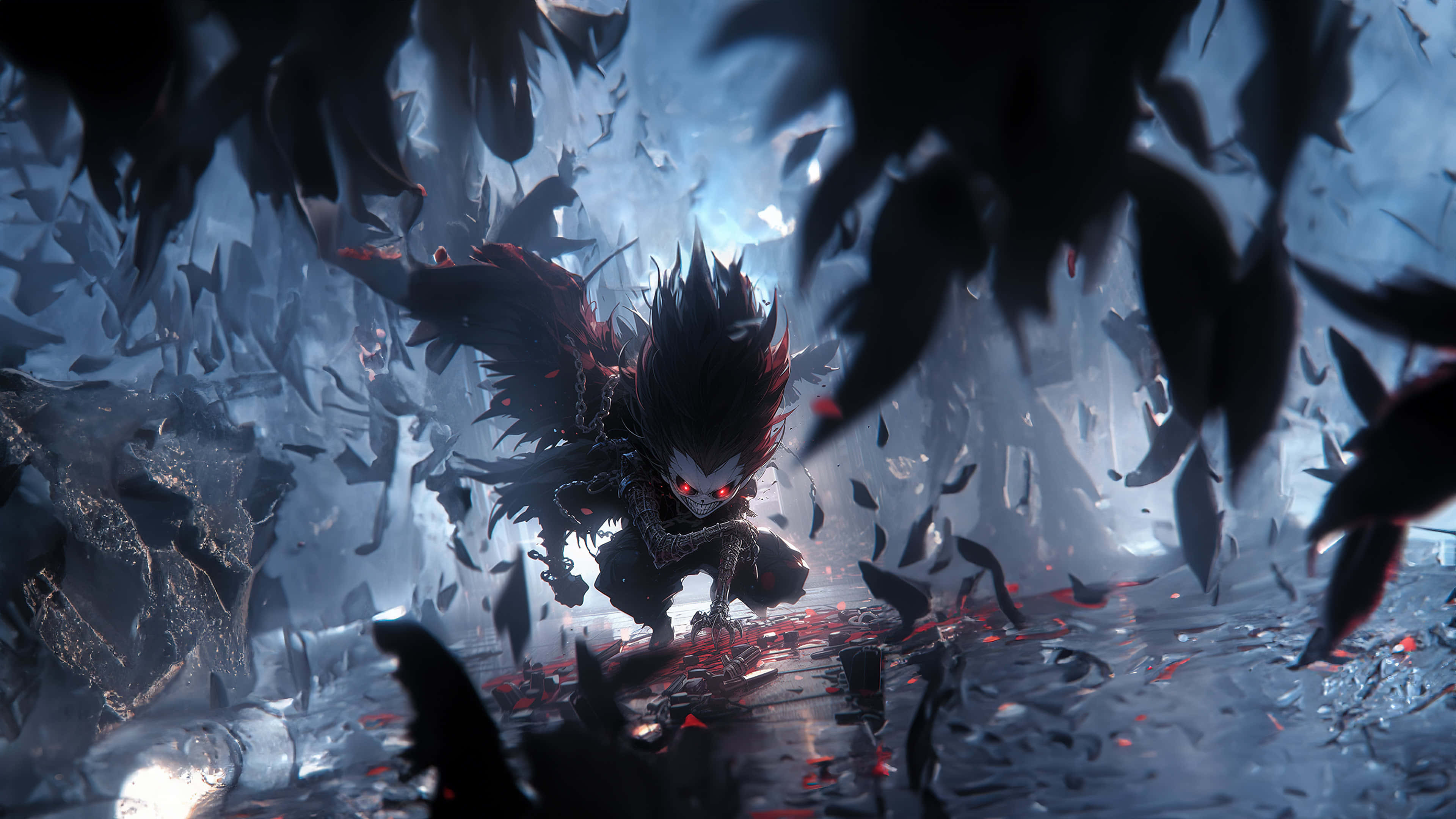Ryuk, glowing red eyes, dark spiky-haired anime character, 4K Desktop Wallpaper