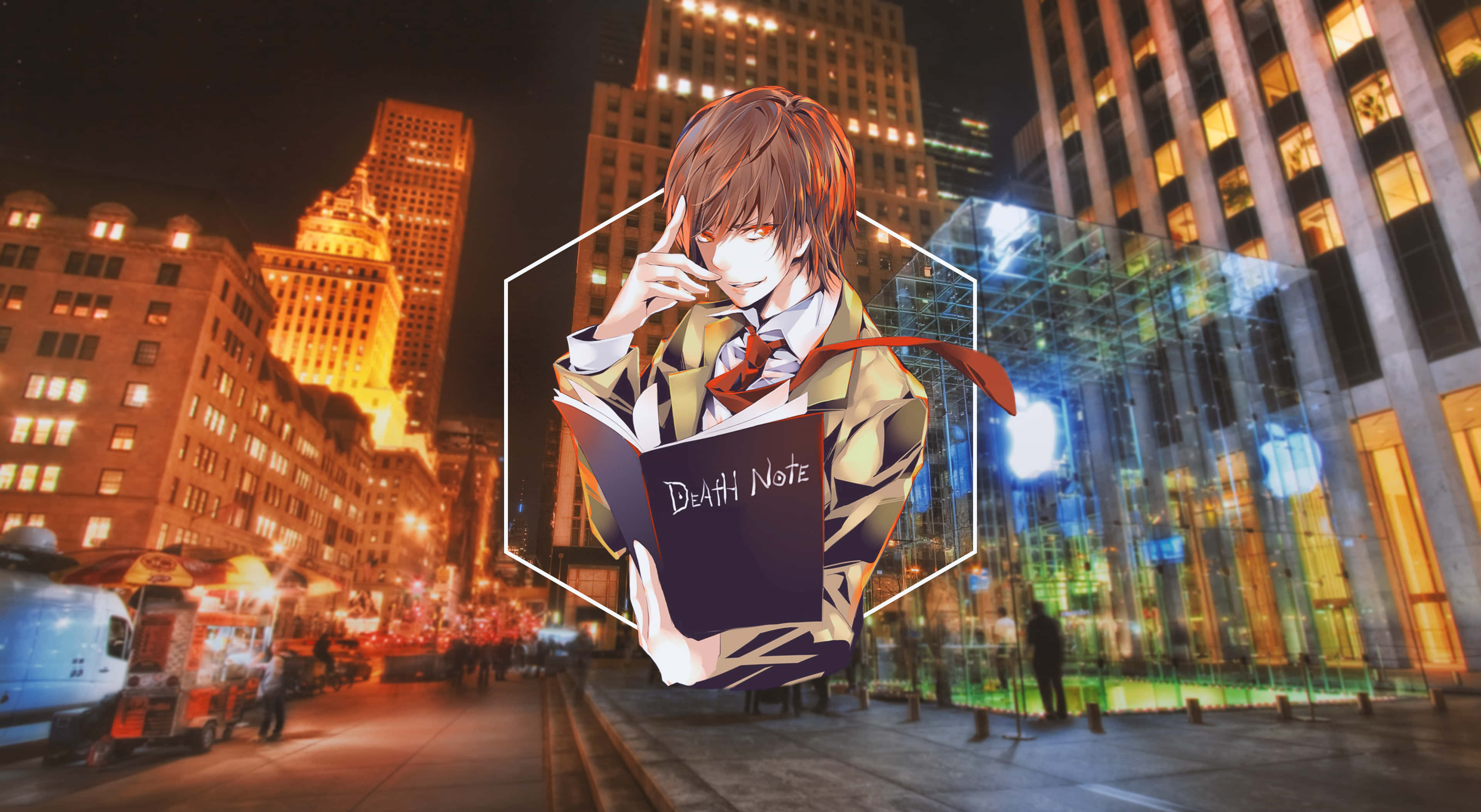 Death Note, neon-lit city street, night, 4K Desktop Wallpaper