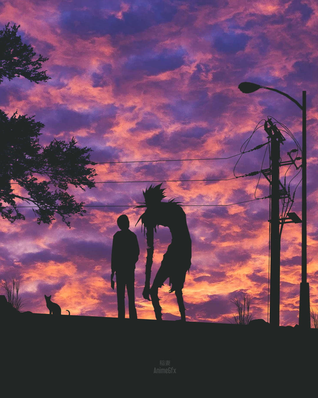 Death Note, purple orange sunset sky, silhouettes of two figures, HD Phone Wallpaper
