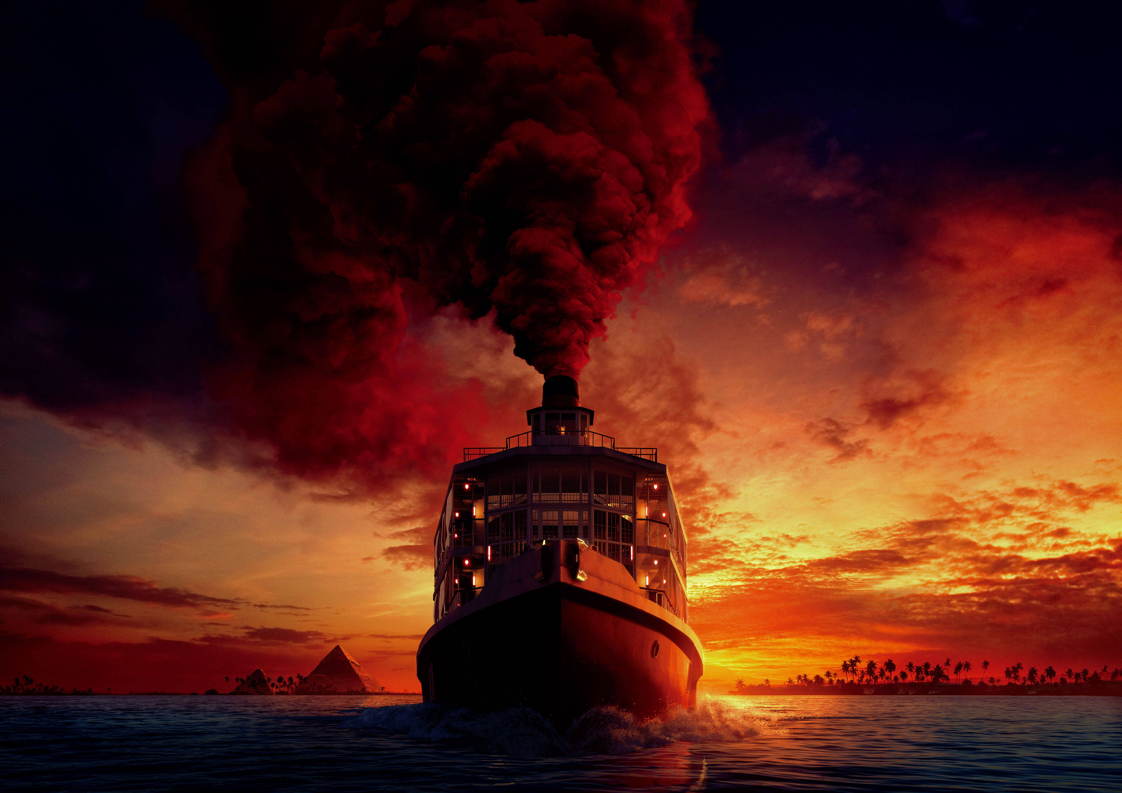 Death on the Nile, steamship, fiery sunset, 4K Desktop Wallpaper