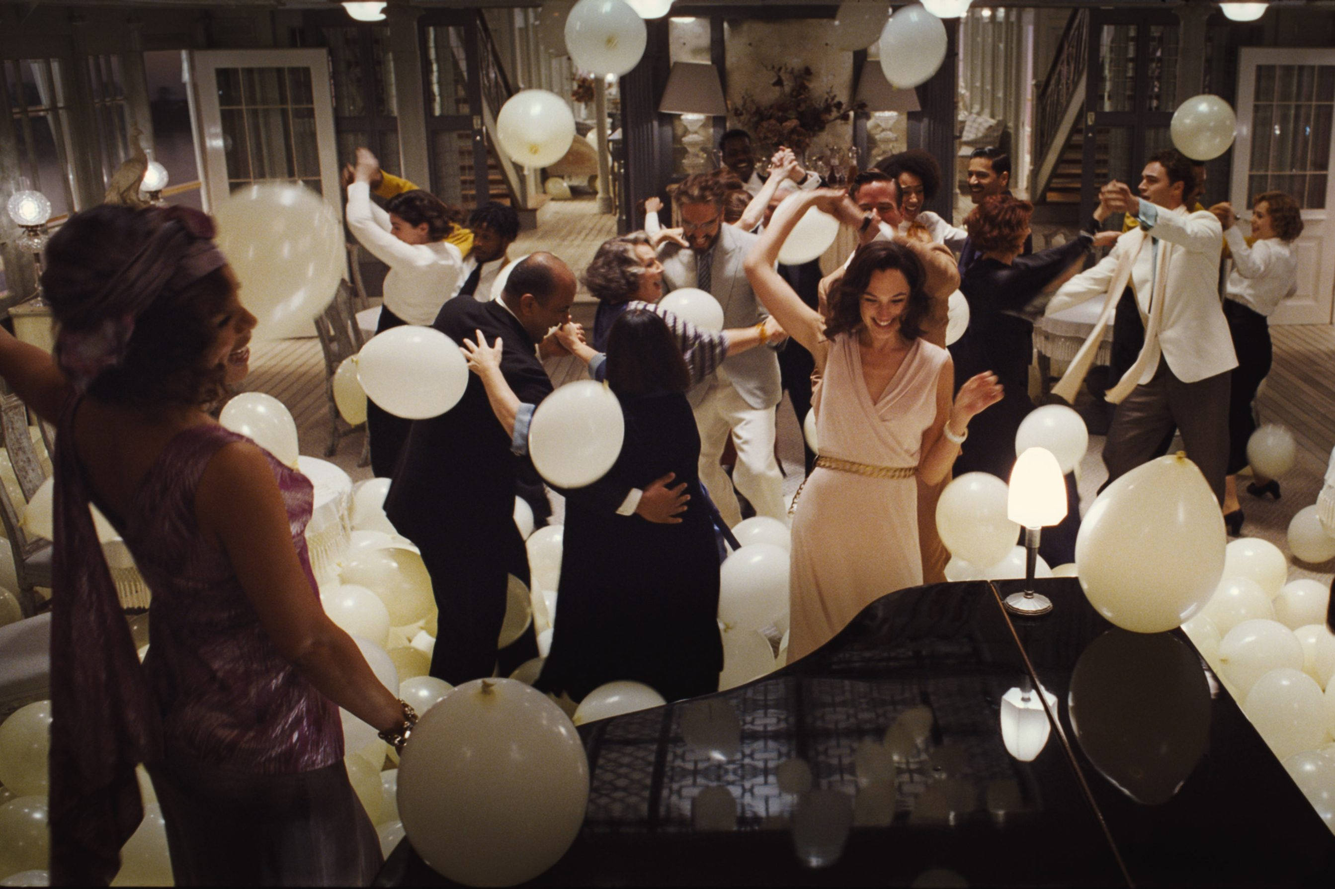 Death On The Nile, white balloons, warmly lit indoor party space, 2K Desktop Wallpaper
