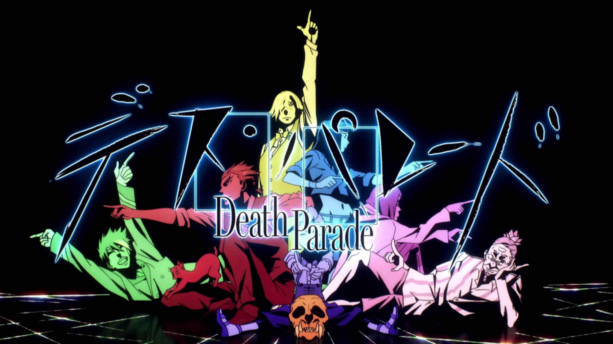 Death Parade, neon-lit, glowing, 2K Desktop Wallpaper