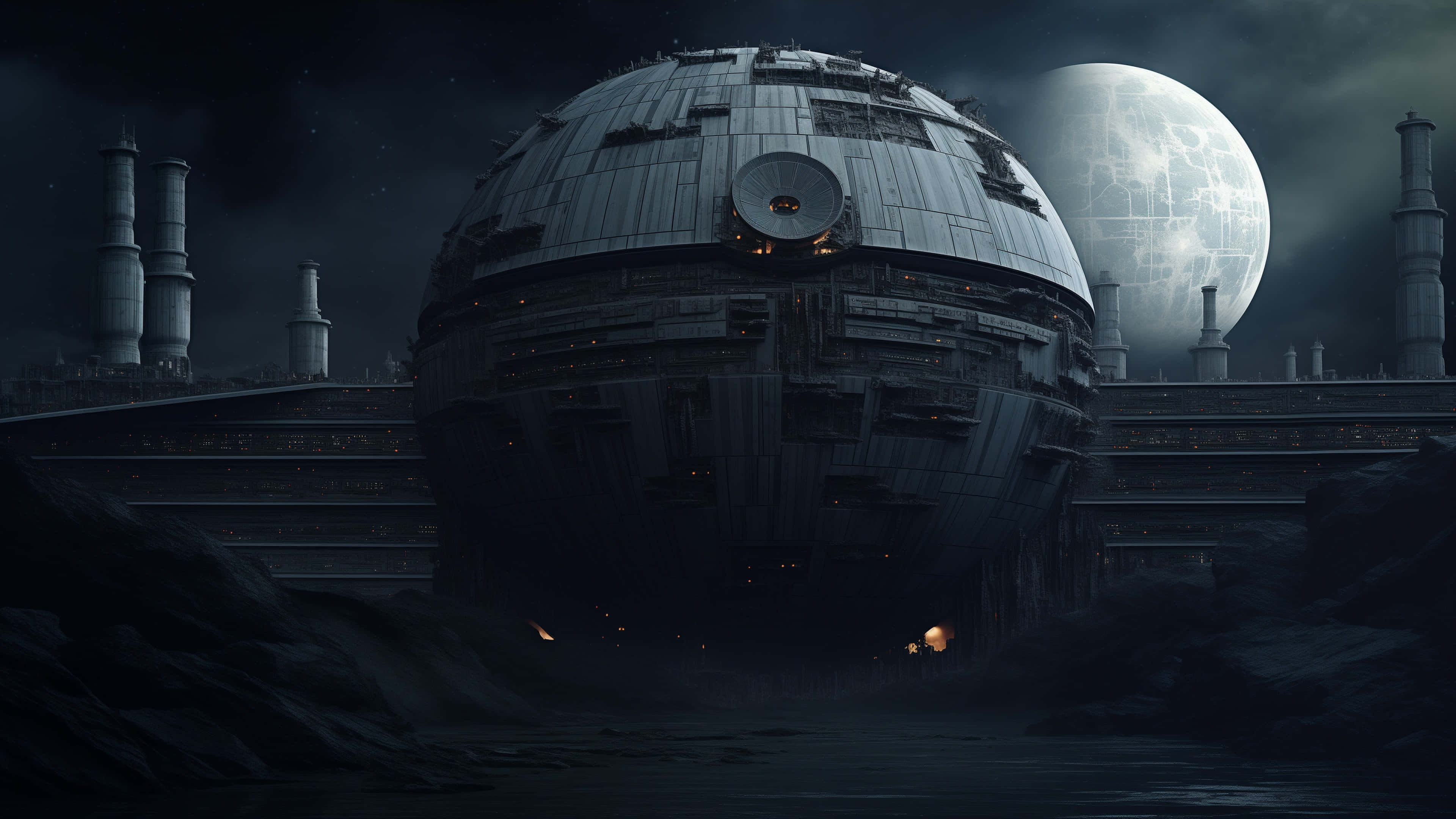 Death Star, moonlit sky, large moon, 4K Desktop Wallpaper