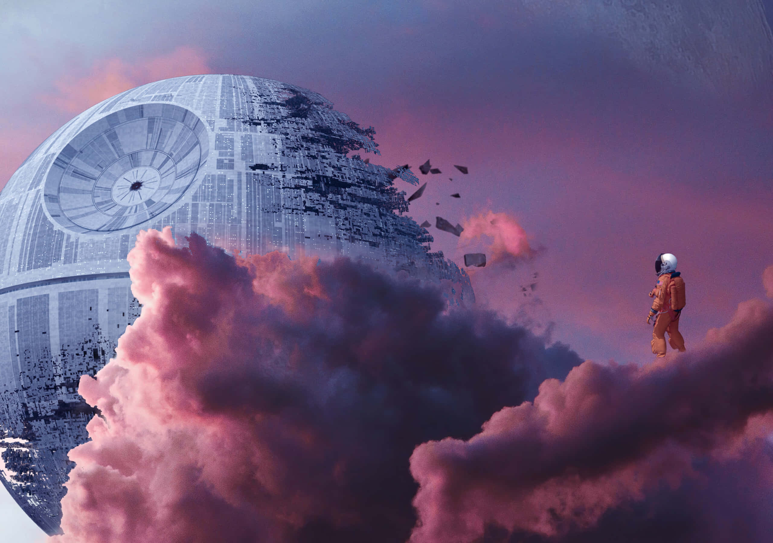 Death Star, pink clouds, twilight sky, 2K Desktop Wallpaper