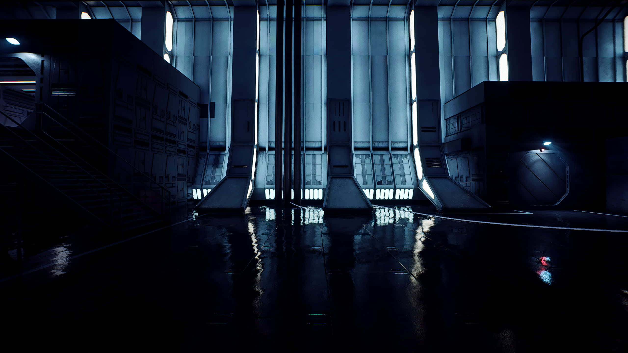 Death Star II, futuristic sci-fi corridor, glowing vertical lights, 2K Desktop Wallpaper