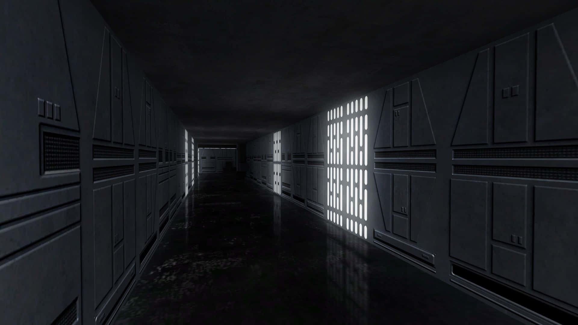 Death Star II, futuristic corridor, glowing vertical light panels, Full HD Desktop Wallpaper