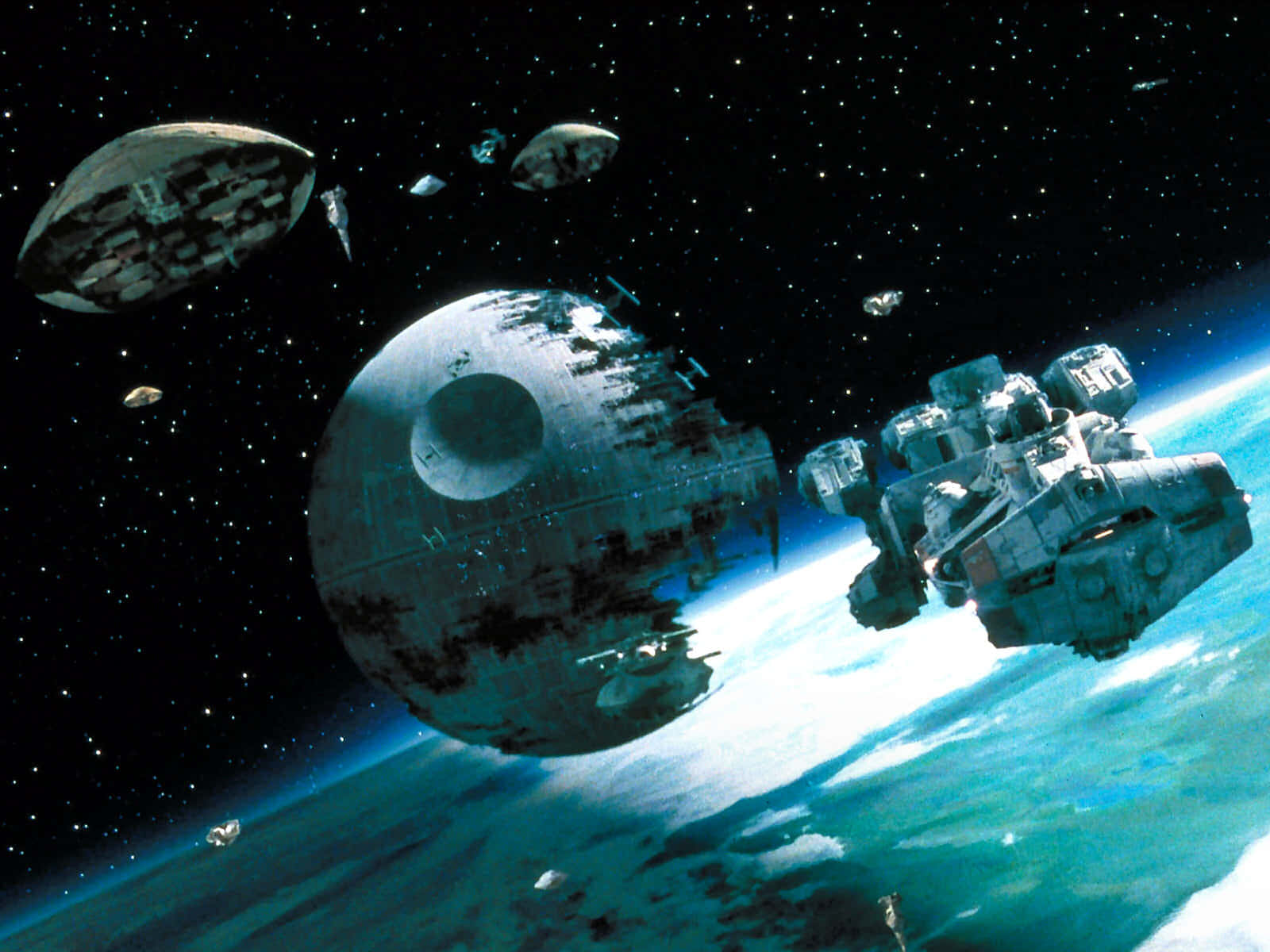 Death Star II, blue planet, starfighter, HD Desktop Wallpaper