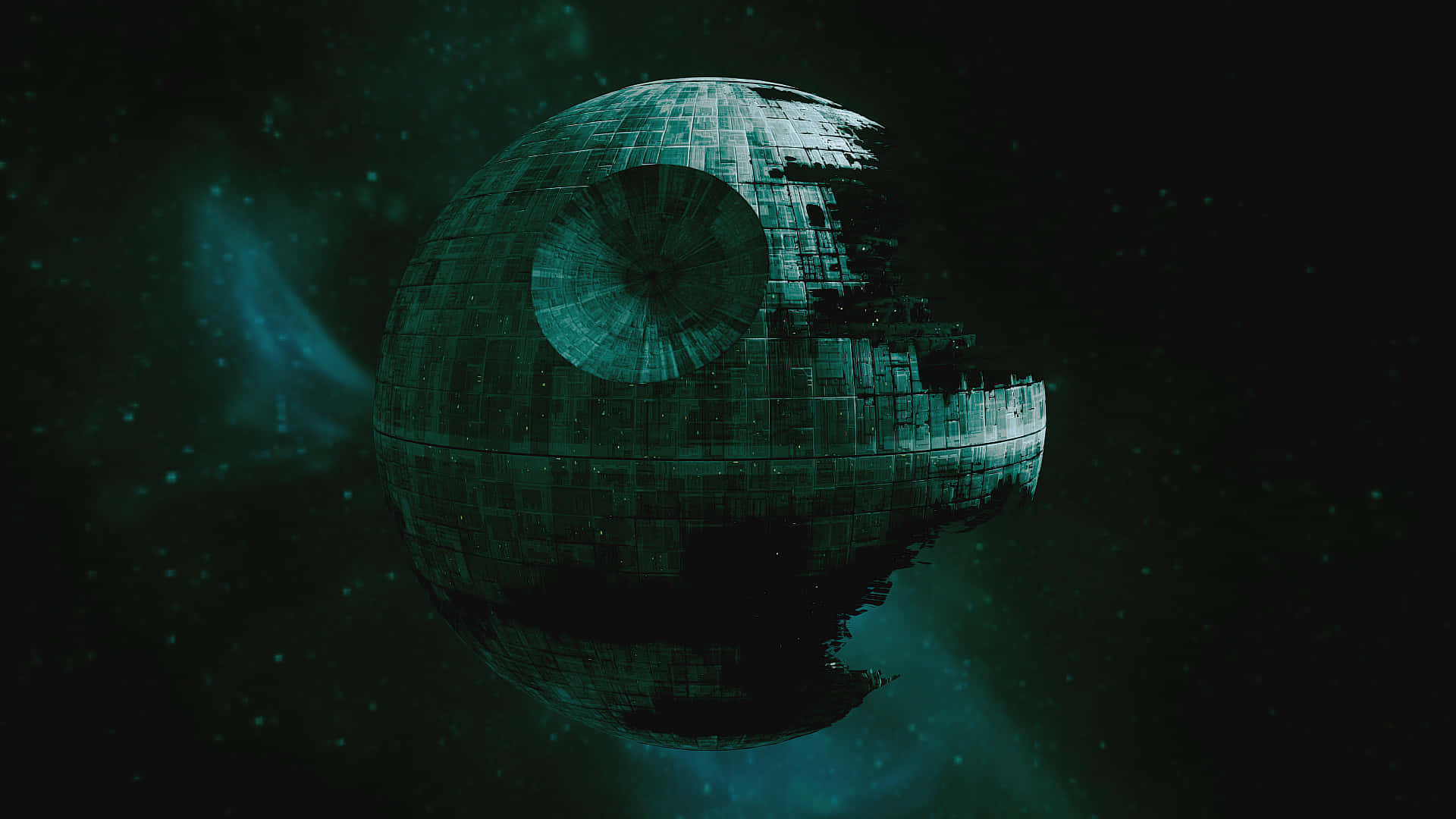 Death Star II, teal nebulae, spherical structure, Full HD Desktop Wallpaper