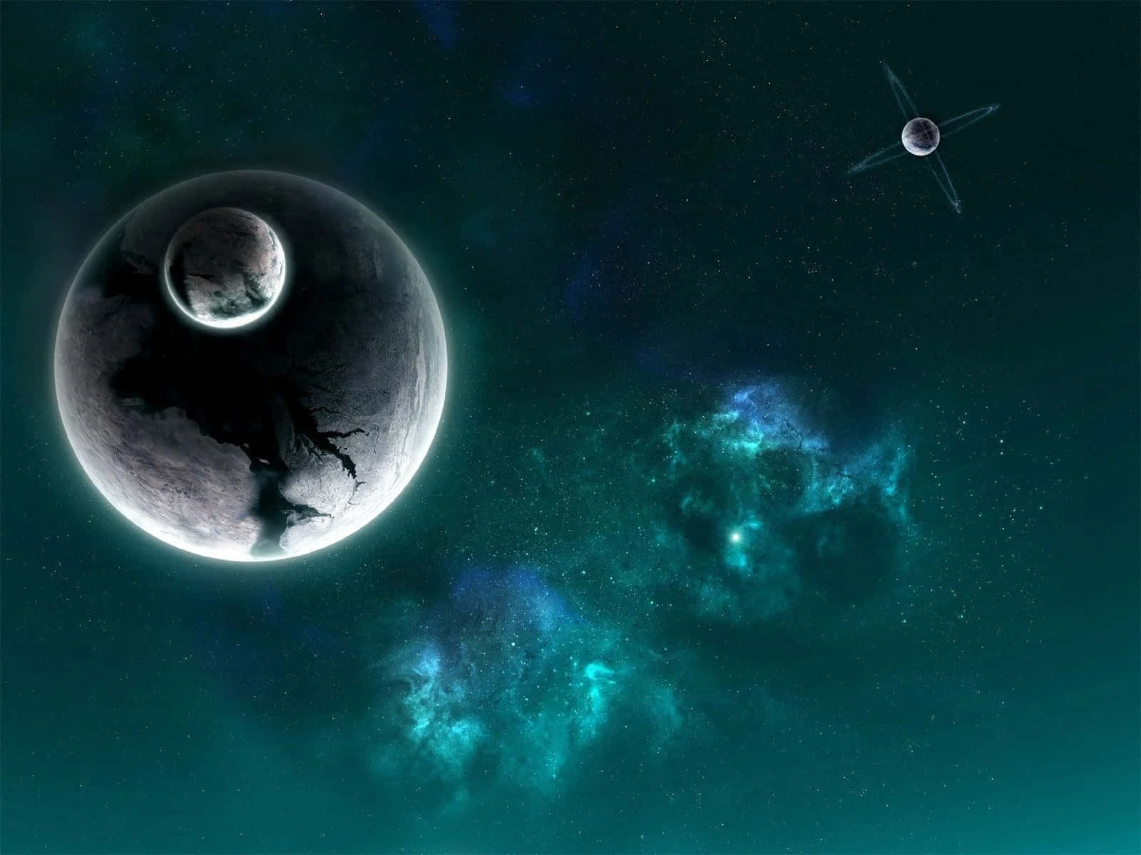 Death Star II, teal nebula, planet, HD Desktop Wallpaper