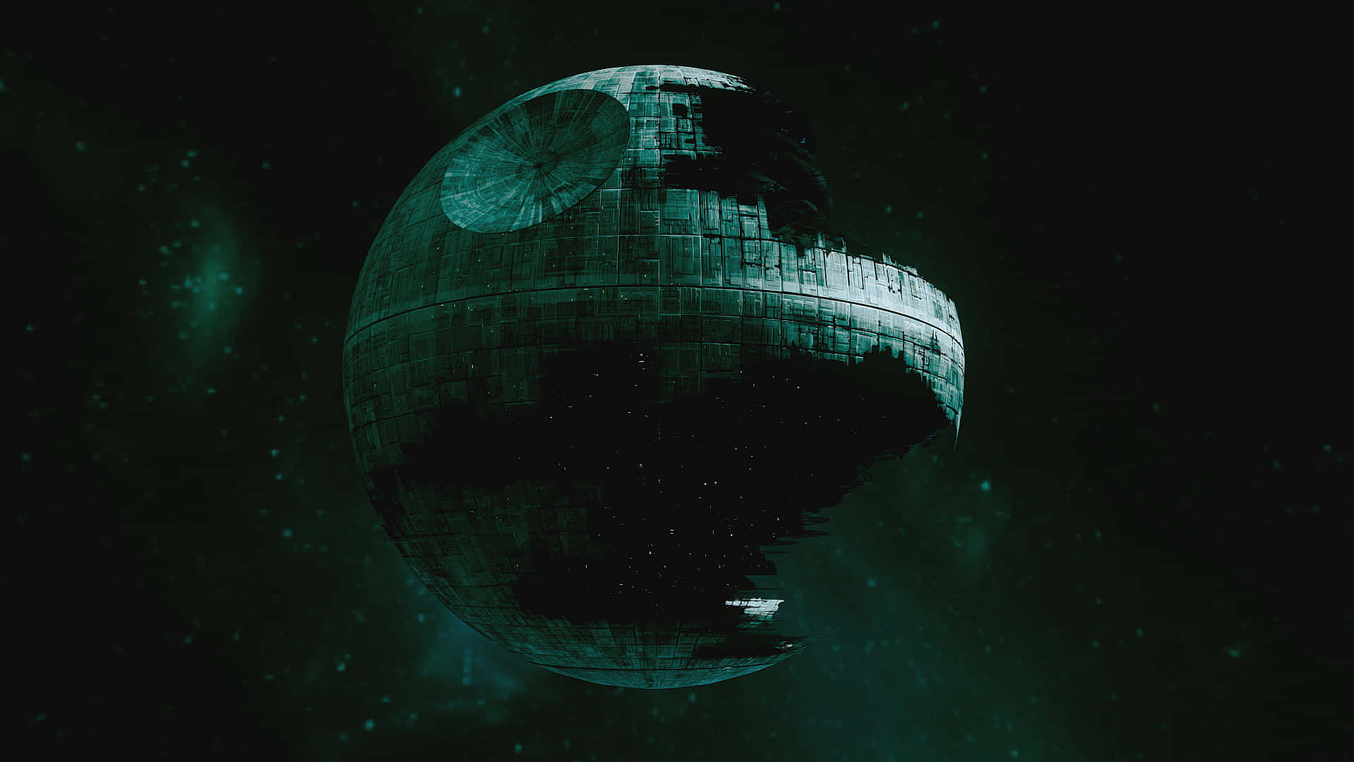 Death Star II, metallic surface, eerie teal light, Full HD Desktop Wallpaper